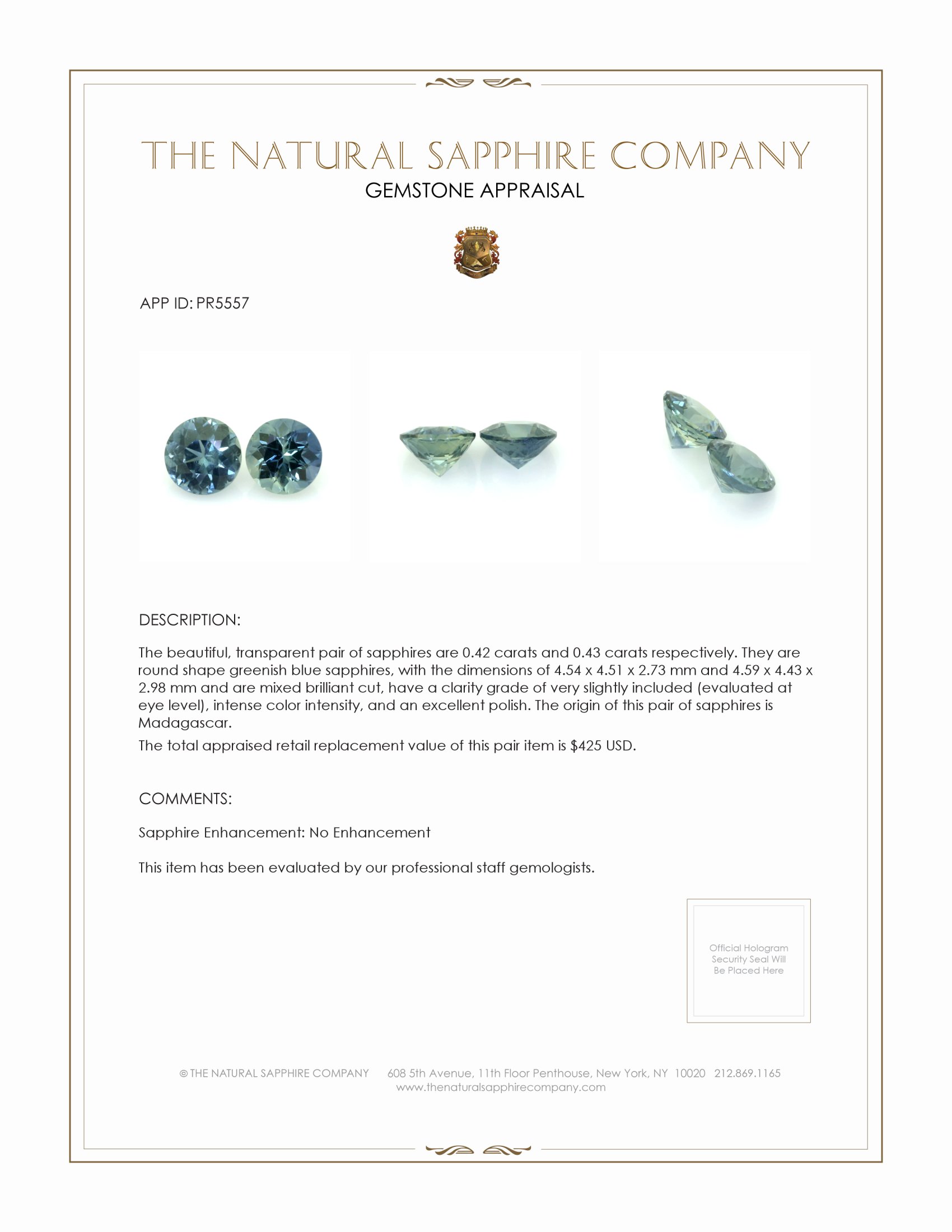 0.85 Ct.Tw. Greenish Blue Sapphire Pair from Madagascar