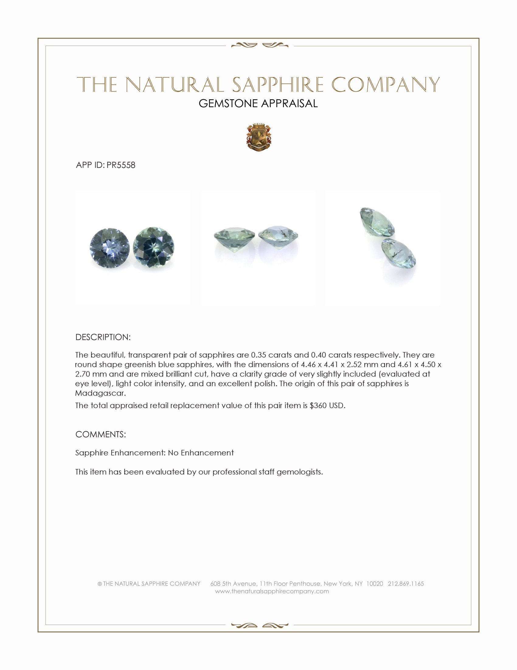 0.75 Ct.Tw. Greenish Blue Sapphire Pair from Madagascar