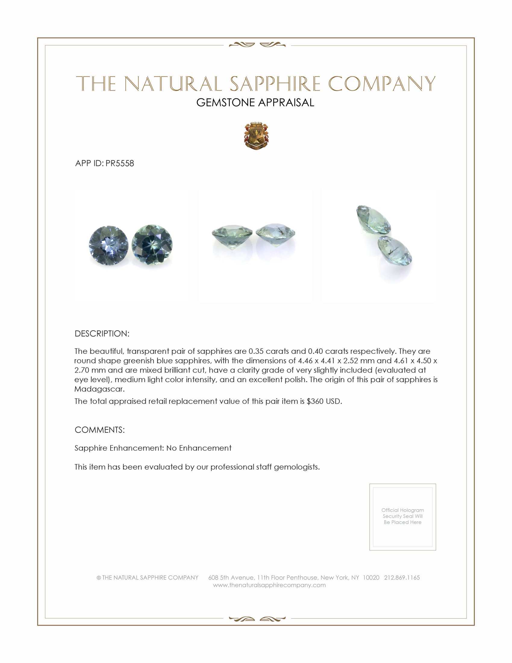 0.75 Ct.Tw. Greenish Blue Sapphire Pair from Madagascar