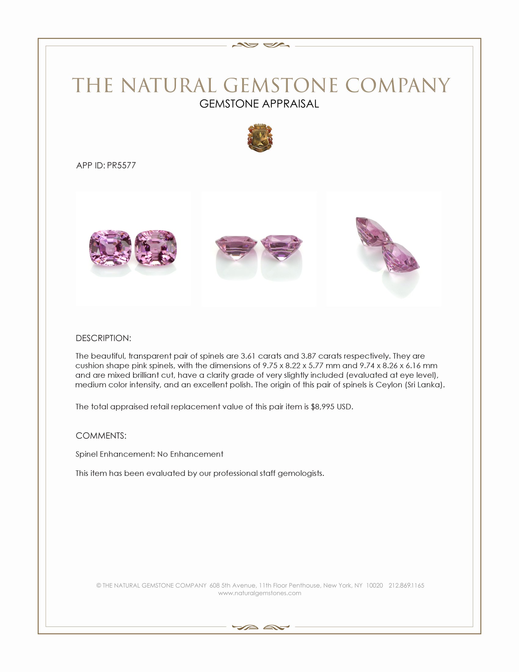 7.48 Ct.Tw. Spinel Pair from Ceylon (Sri Lanka)