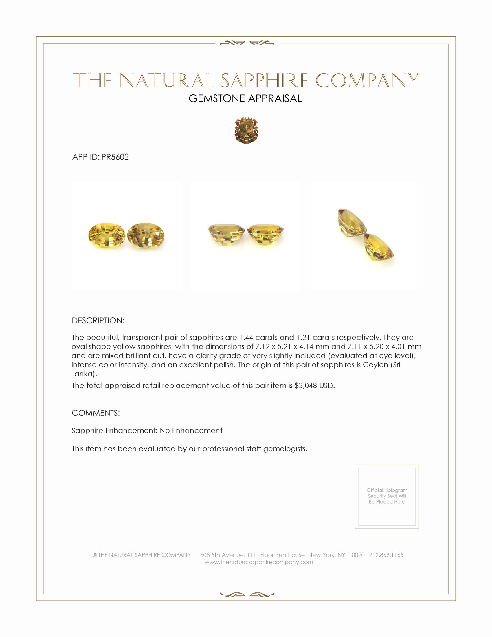 2.65 Ct.Tw. Yellow Sapphire Pair from Ceylon (Sri Lanka)