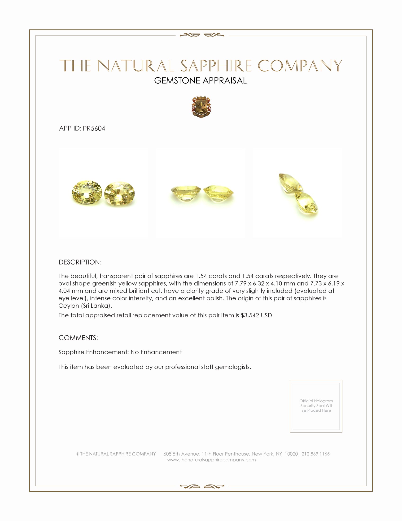 3.08 Ct.Tw. Greenish Yellow Sapphire Pair from Ceylon (Sri Lanka)