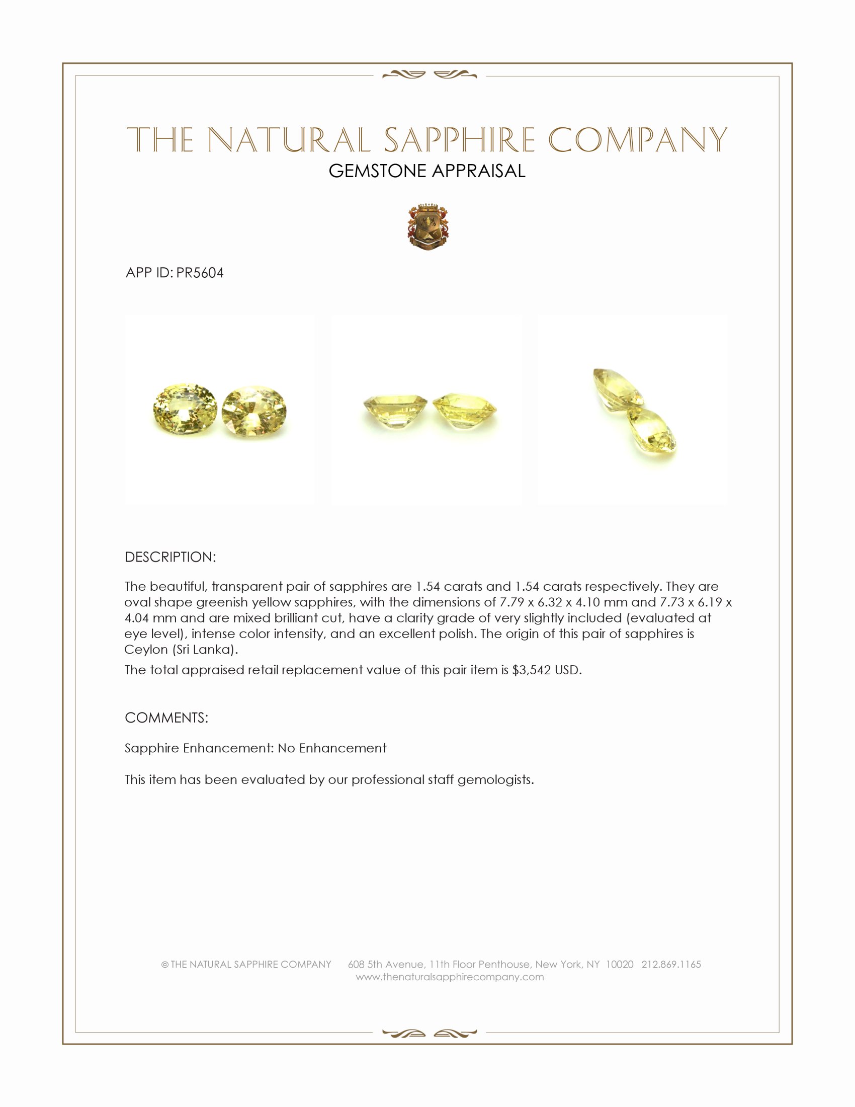 3.08 Ct.Tw. Greenish Yellow Sapphire Pair from Ceylon (Sri Lanka)