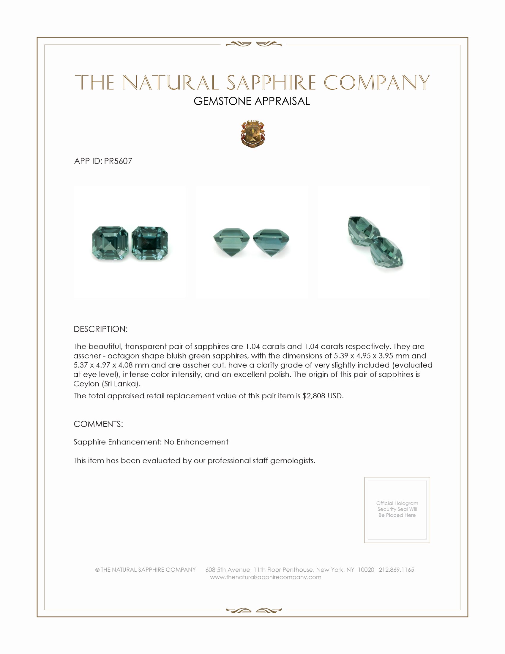 2.08 Ct.Tw. Bluish Green Sapphire Pair from Ceylon (Sri Lanka)