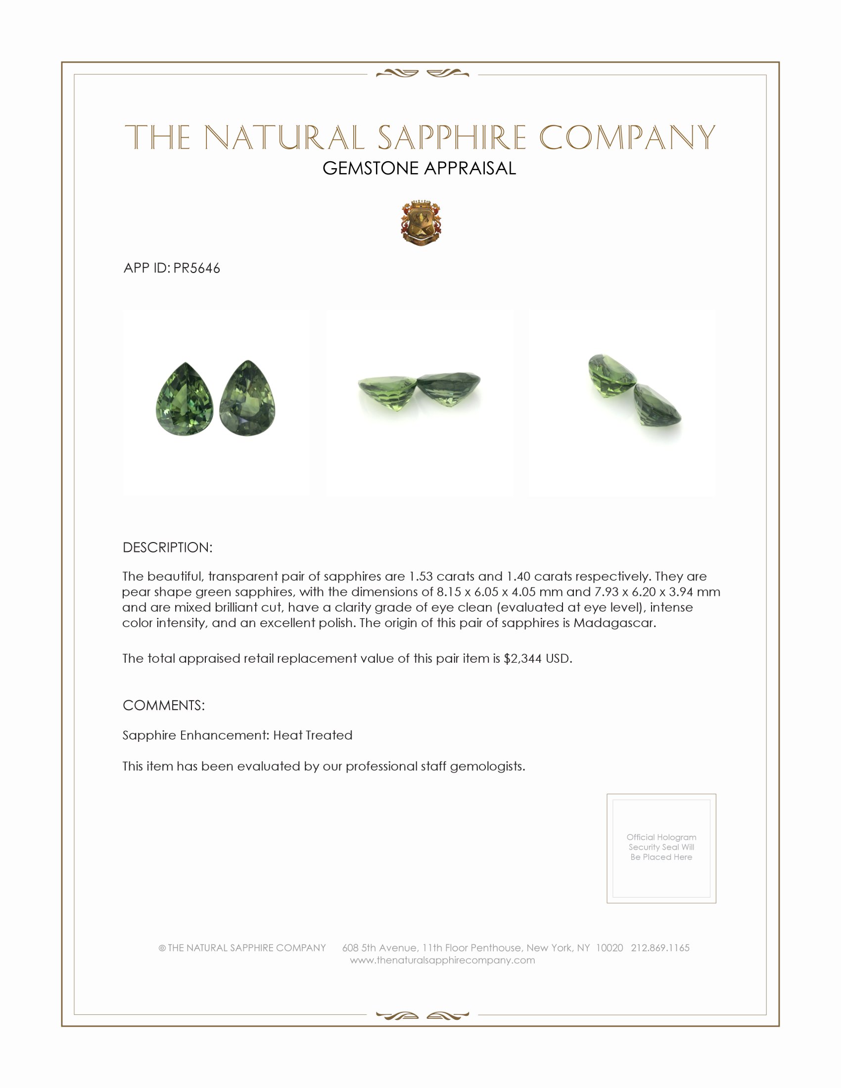 2.93 Ct.Tw. Green Sapphire Pair from Madagascar