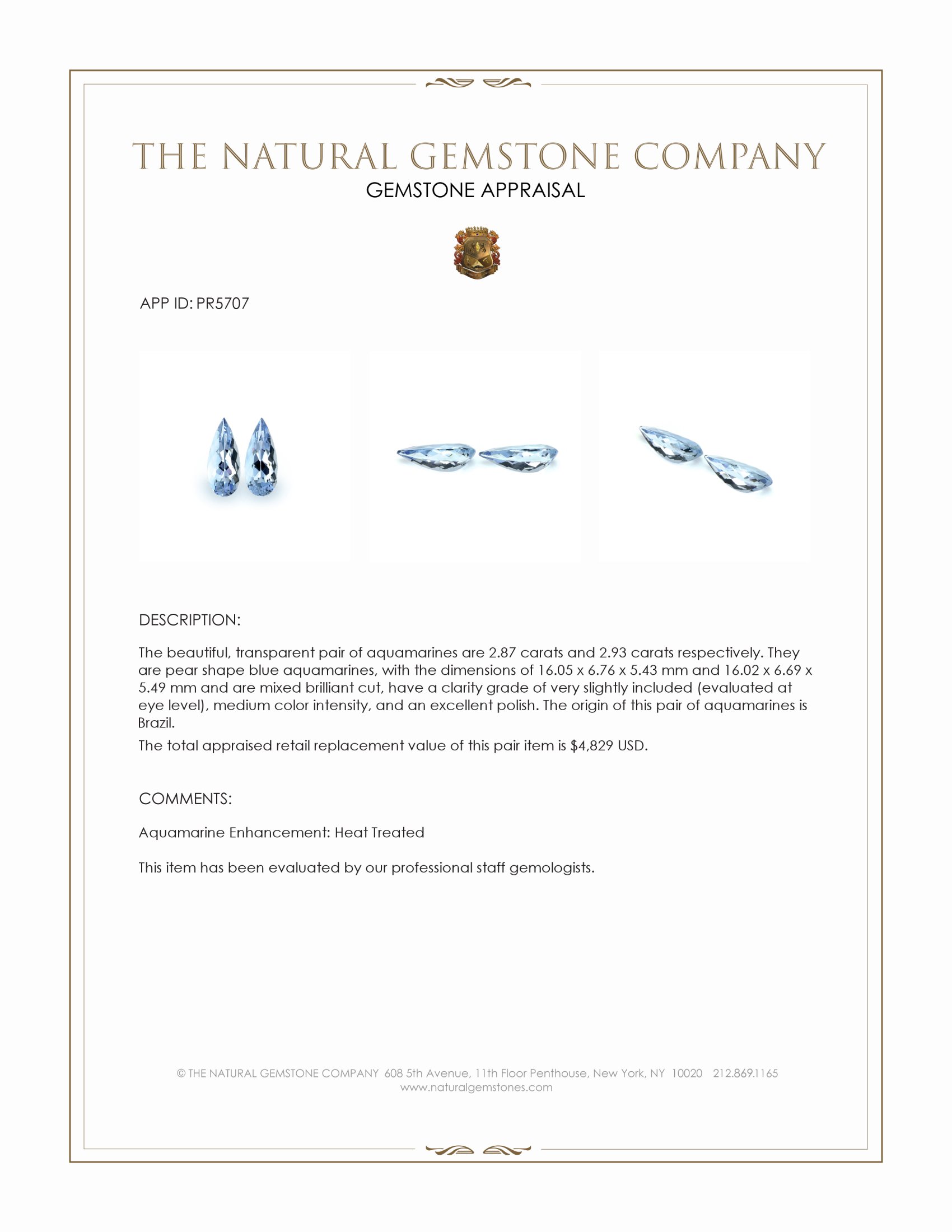 5.80 Ct.Tw. Blue Aquamarine Pair from Brazil