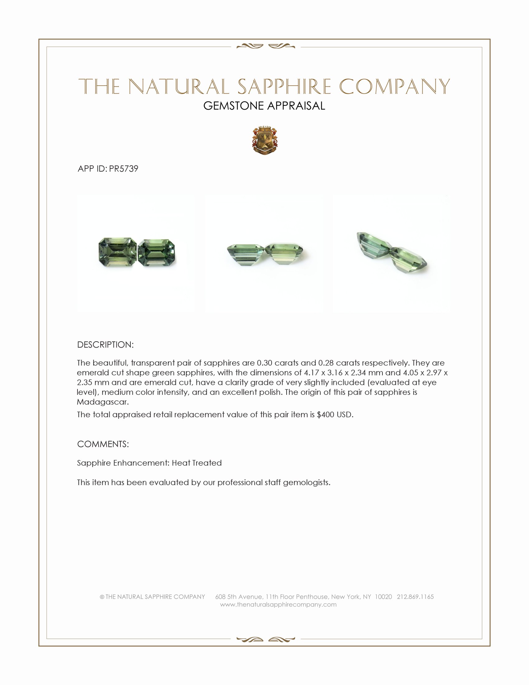 0.58 Ct.Tw. Green Sapphire Pair from Madagascar