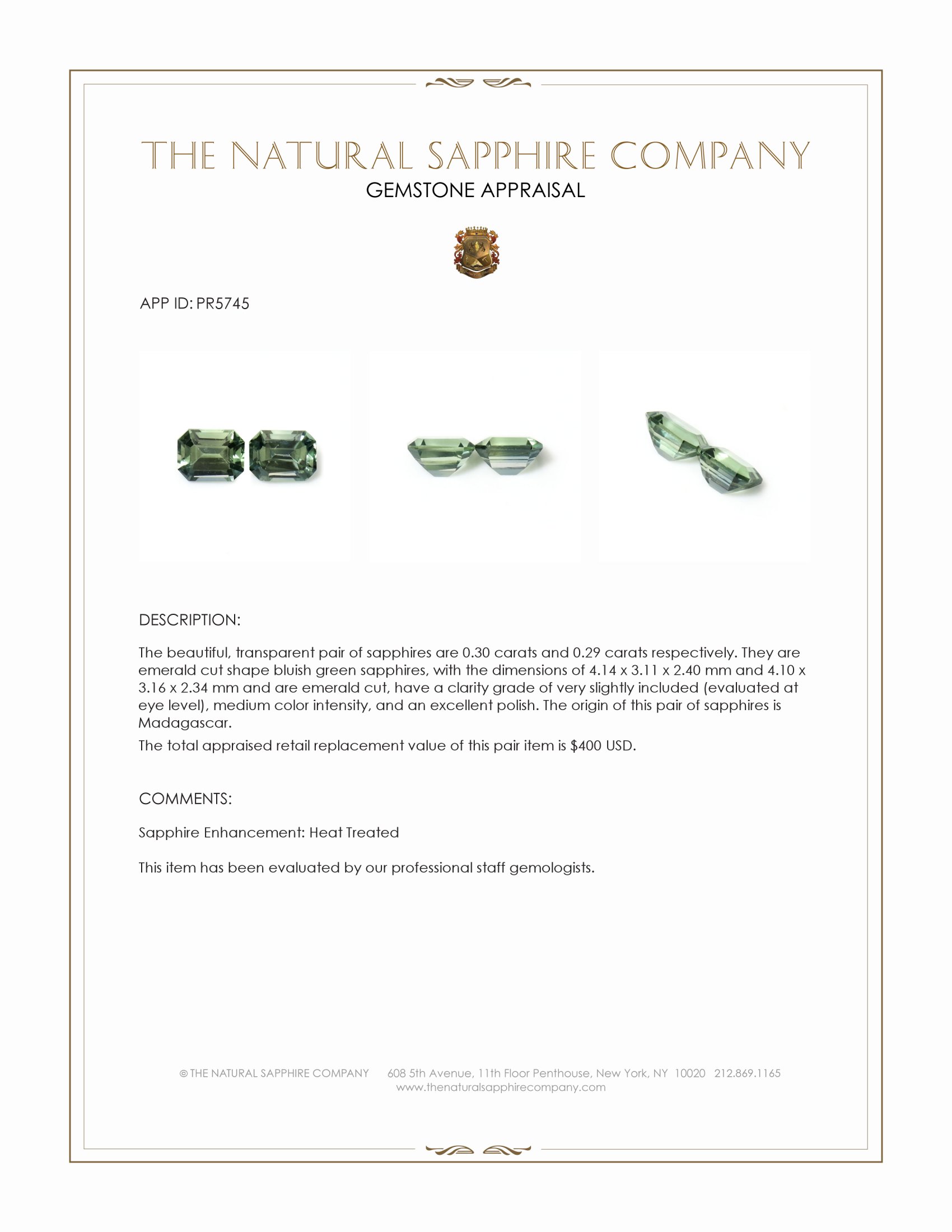 0.59 Ct.Tw. Bluish Green Sapphire Pair from Madagascar