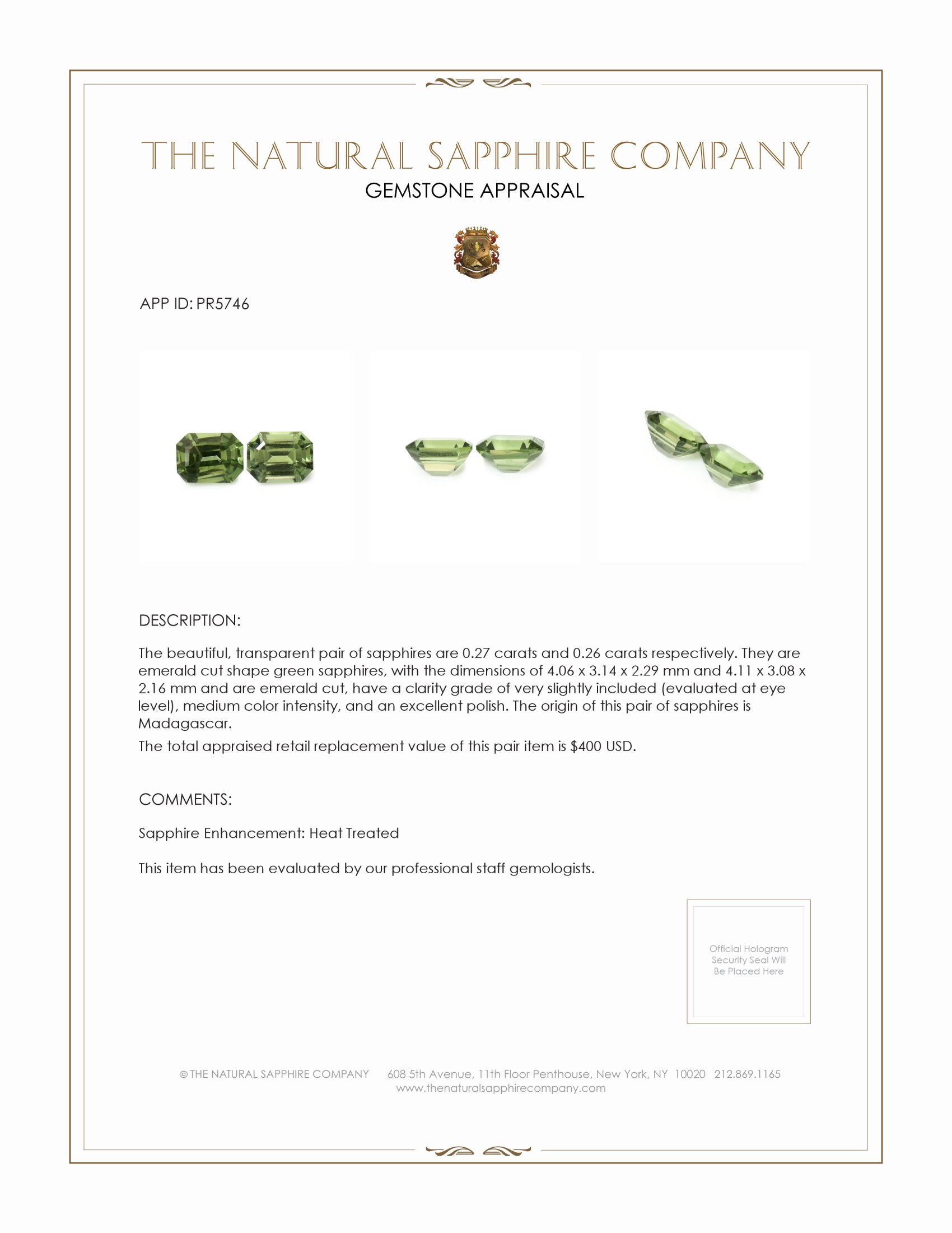 0.53 Ct.Tw. Green Sapphire Pair from Madagascar