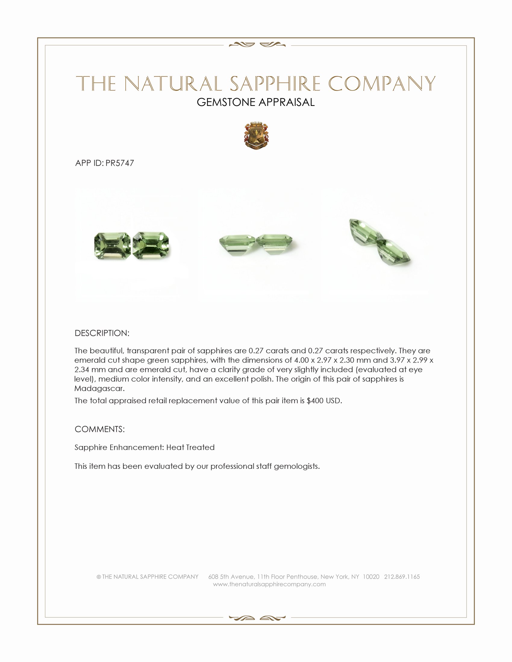 0.54 Ct.Tw. Green Sapphire Pair from Madagascar