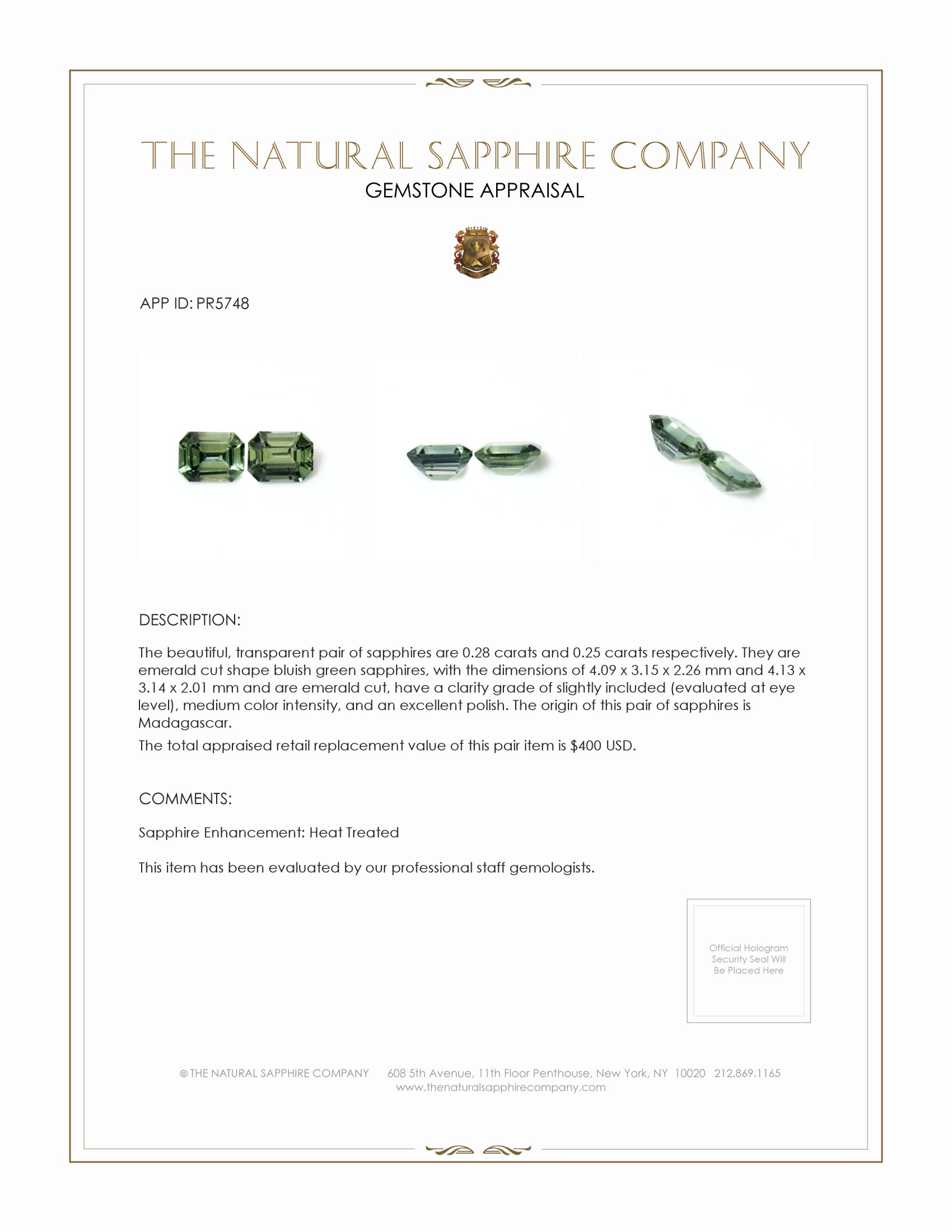 0.53 Ct.Tw. Bluish Green Sapphire Pair from Madagascar