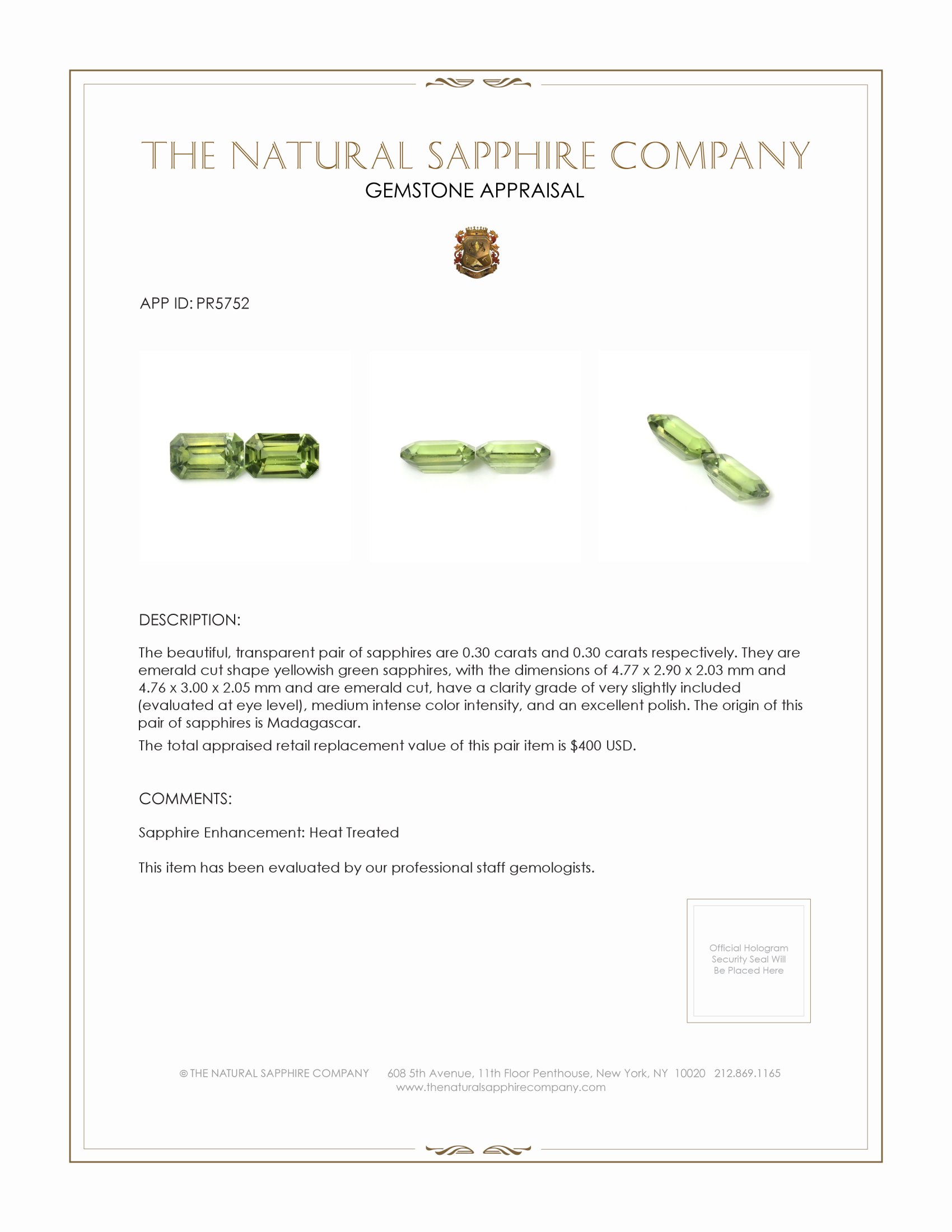 0.60 Ct.Tw. Yellowish Green Sapphire Pair from Madagascar