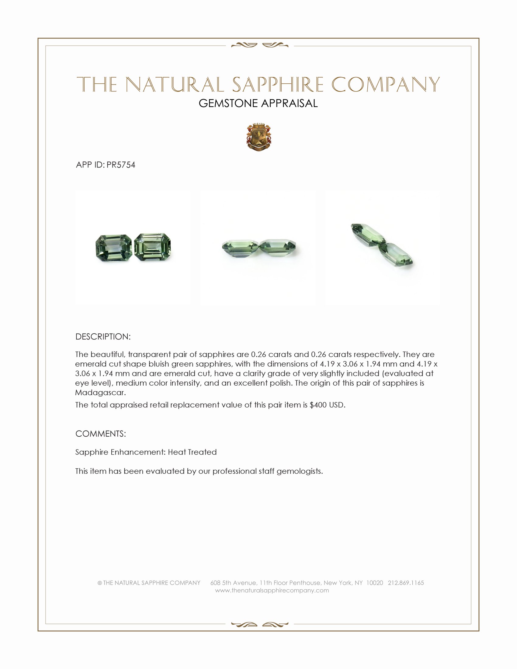 0.52 Ct.Tw. Bluish Green Sapphire Pair from Madagascar