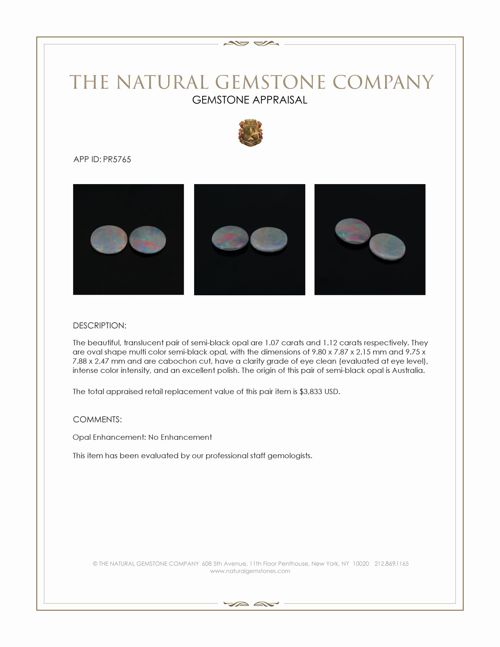 2.19 Ct.Tw. Multi Color Crystal Opal (Jelly Opal) Pair from Australia