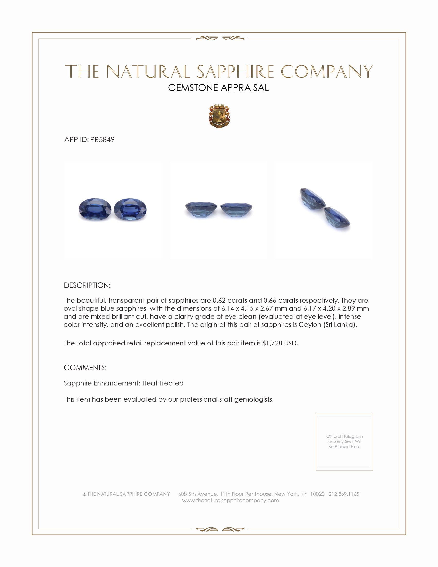 1.28 Ct.Tw. Blue Sapphire Pair from Ceylon (Sri Lanka)