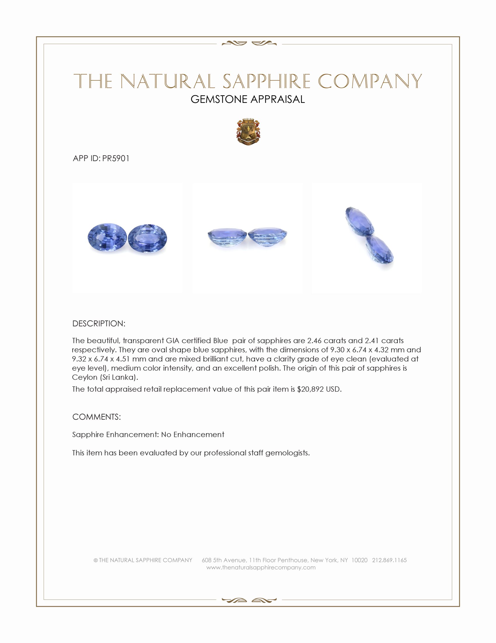 4.87 Ct.Tw. Blue Sapphire Pair from Ceylon (Sri Lanka)