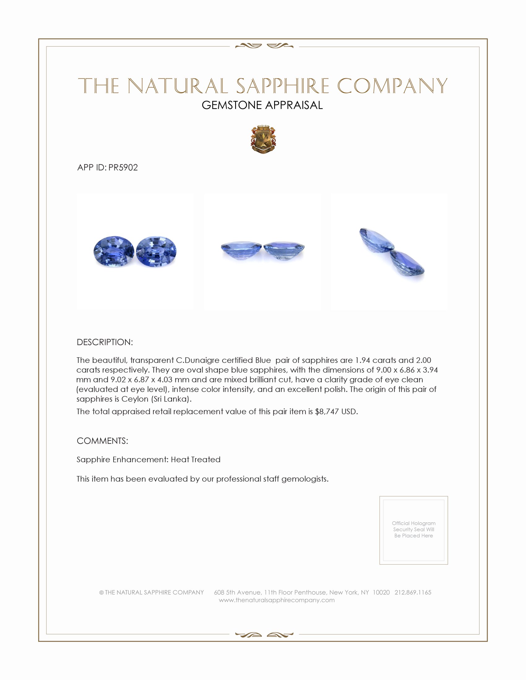 3.94 Ct.Tw. Blue Sapphire Pair from Ceylon (Sri Lanka)