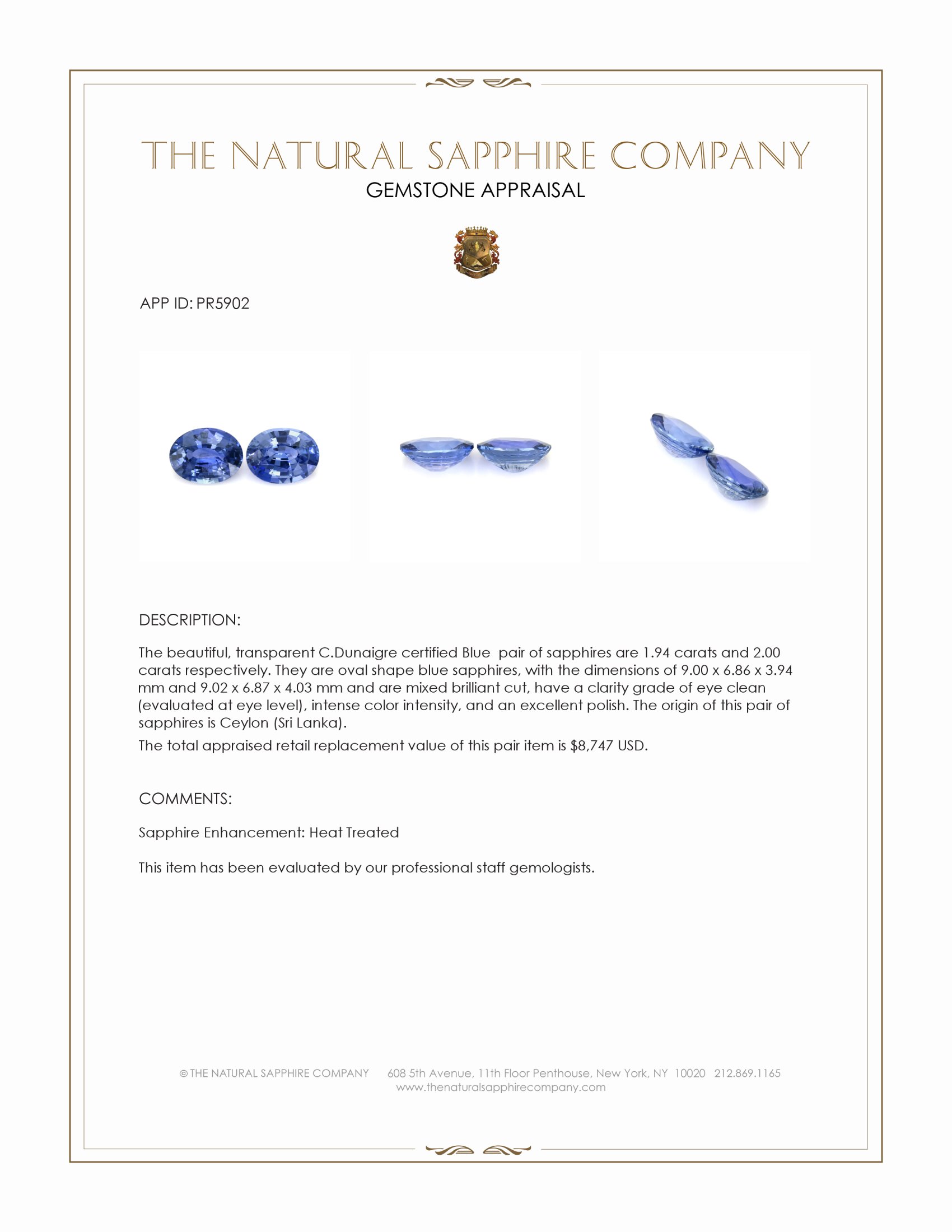 3.94 Ct.Tw. Blue Sapphire Pair from Ceylon (Sri Lanka)