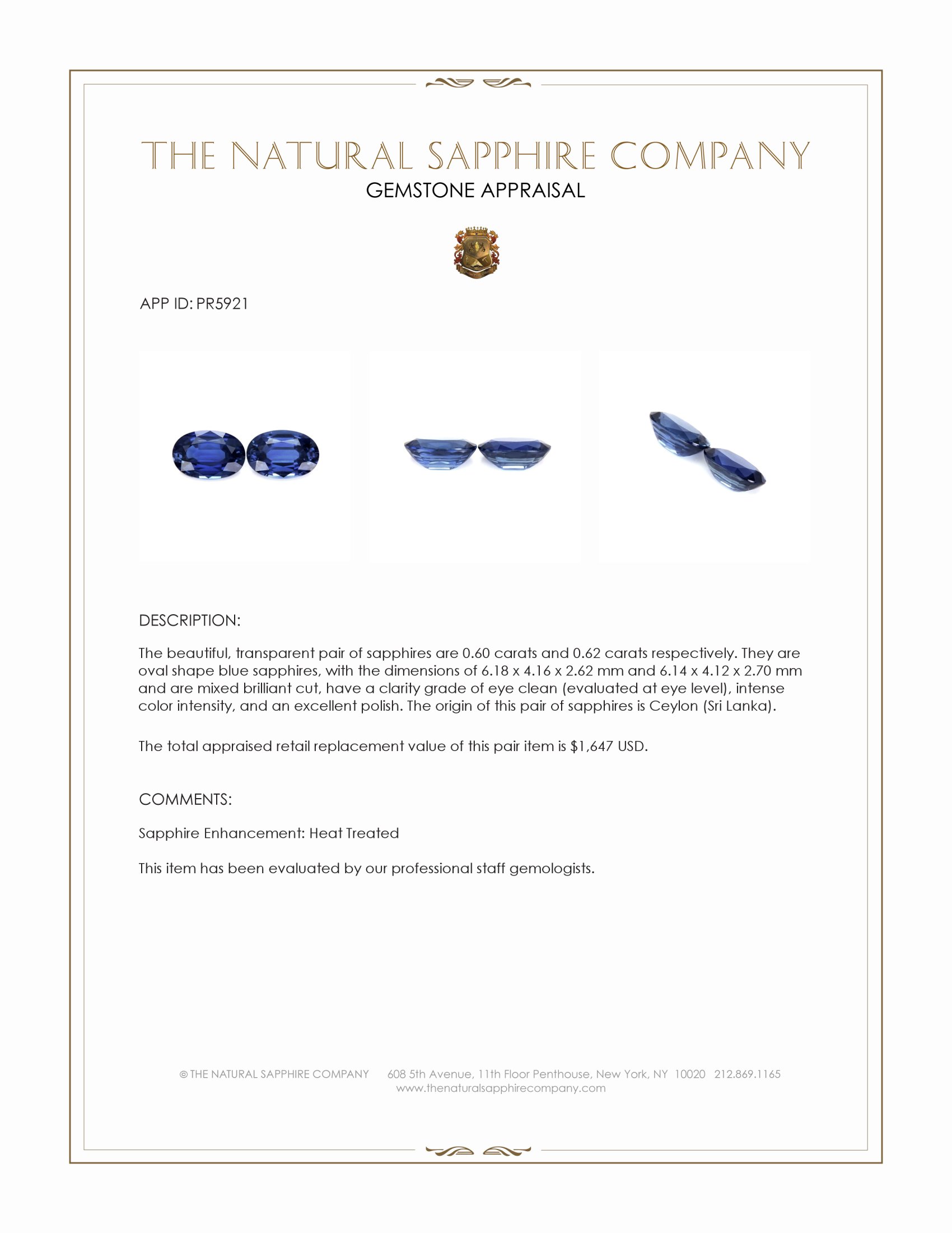 1.22 Ct.Tw. Blue Sapphire Pair from Ceylon (Sri Lanka)