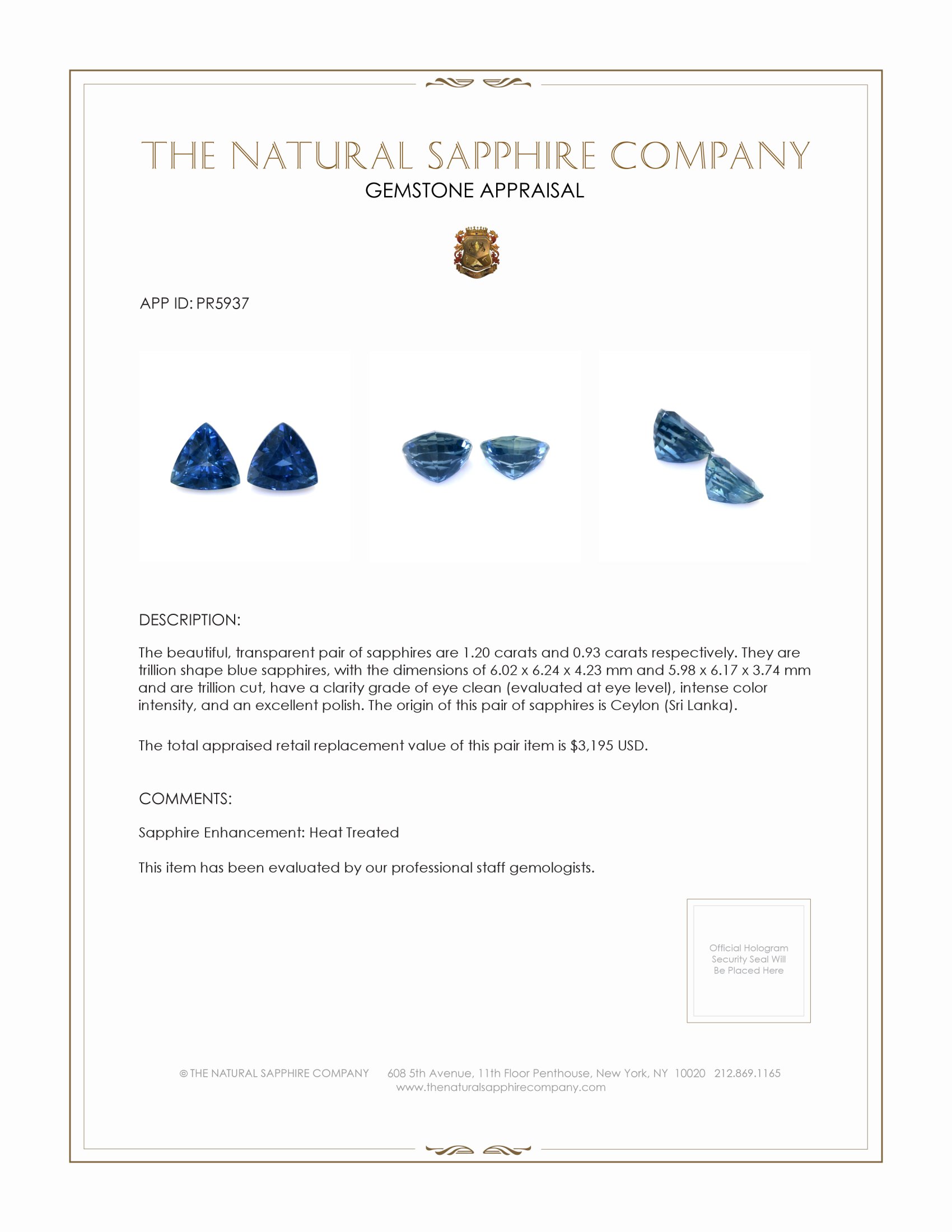 2.13 Ct.Tw. Blue Sapphire Pair from Ceylon (Sri Lanka)