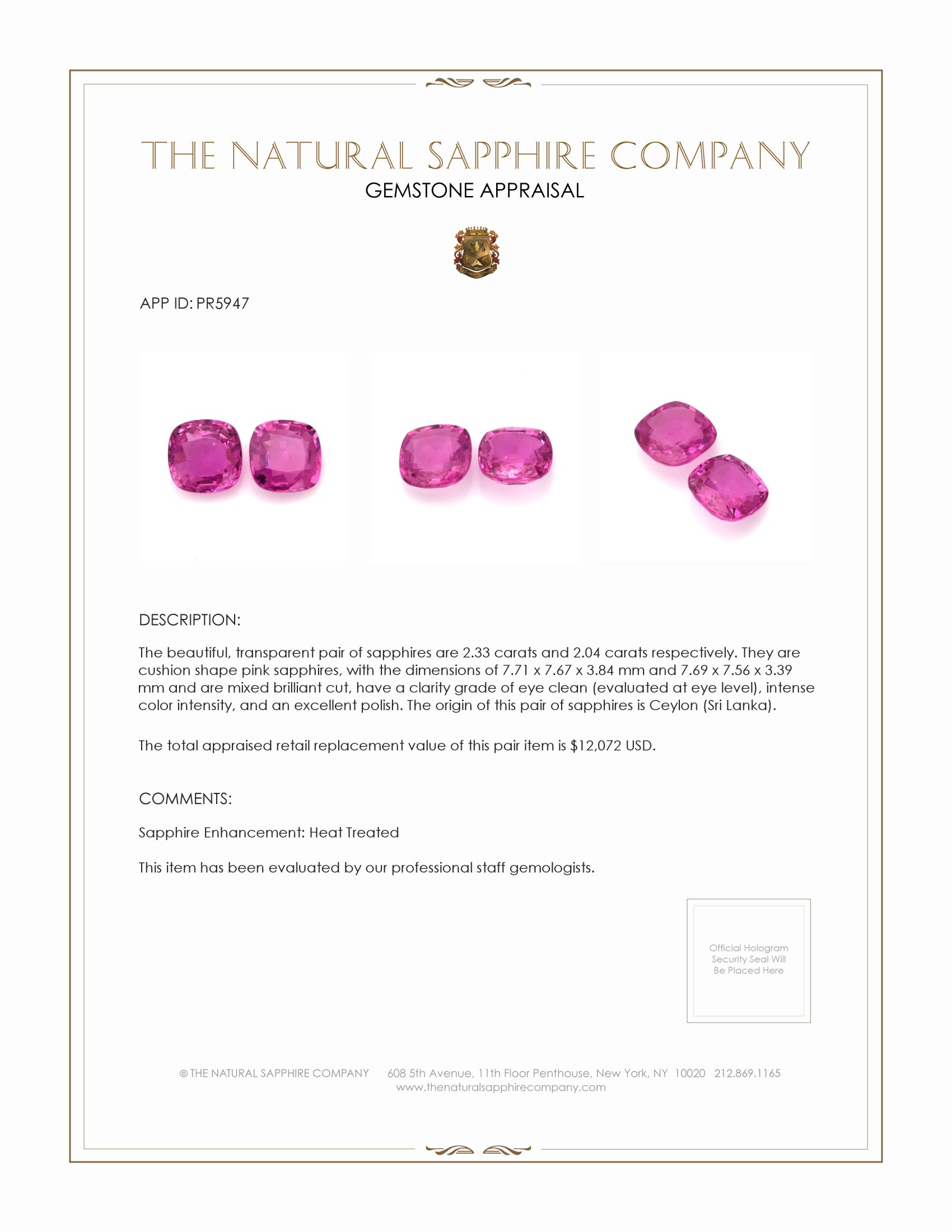 4.37 Ct.Tw. Pink Sapphire Pair from Ceylon (Sri Lanka)