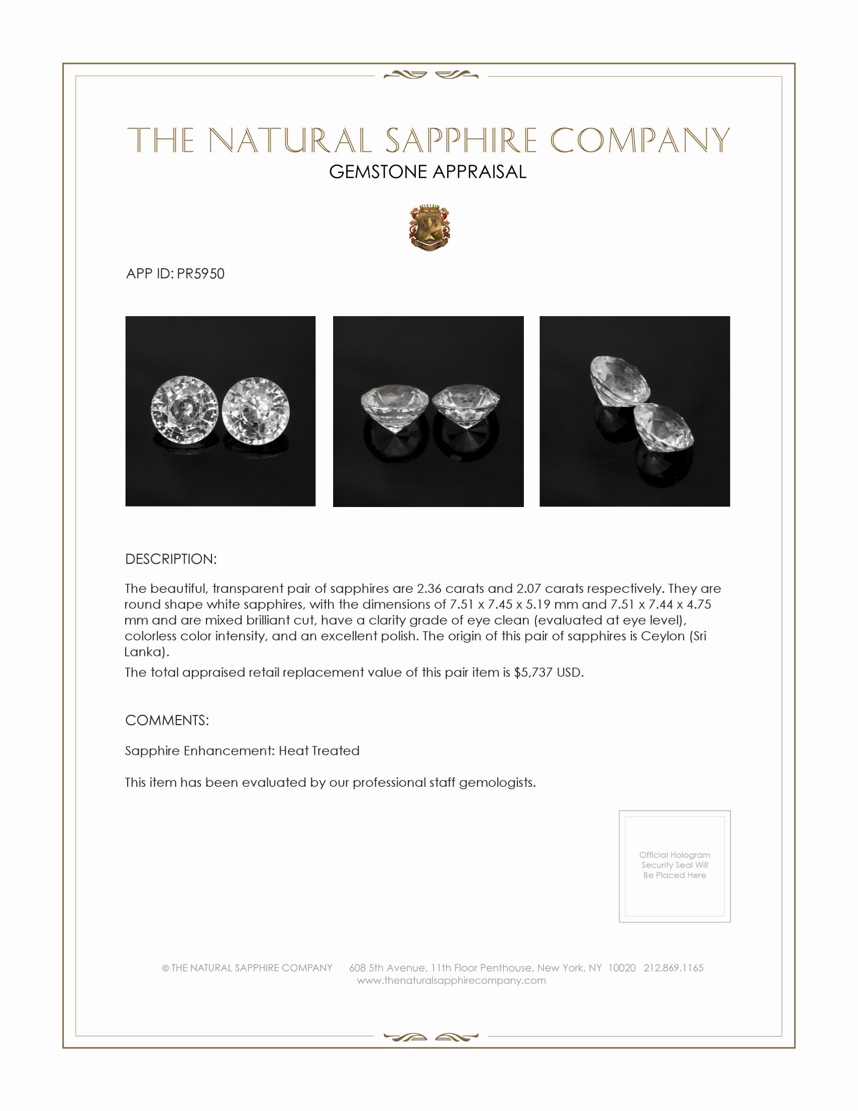 4.43 Ct.Tw. White Sapphire Pair from Ceylon (Sri Lanka)