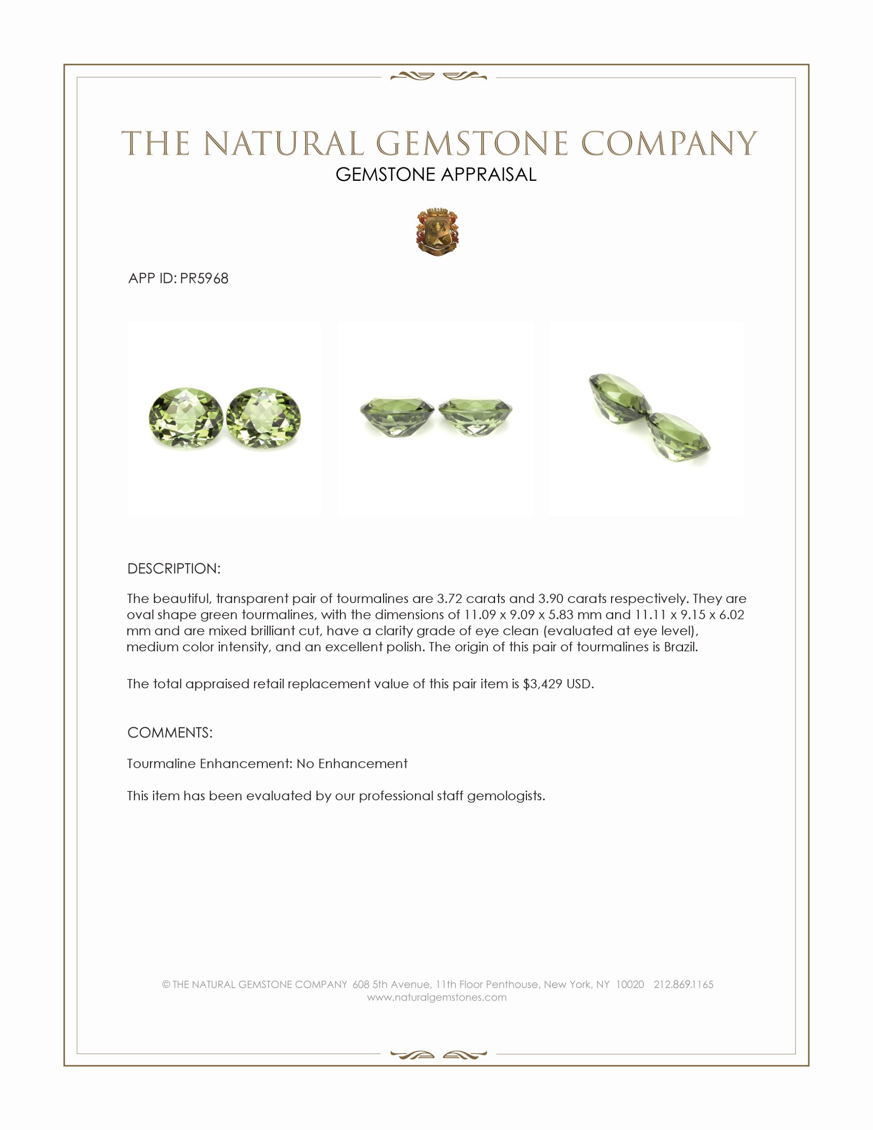 7.62 Ct.Tw. Green Tourmaline Pair from Brazil