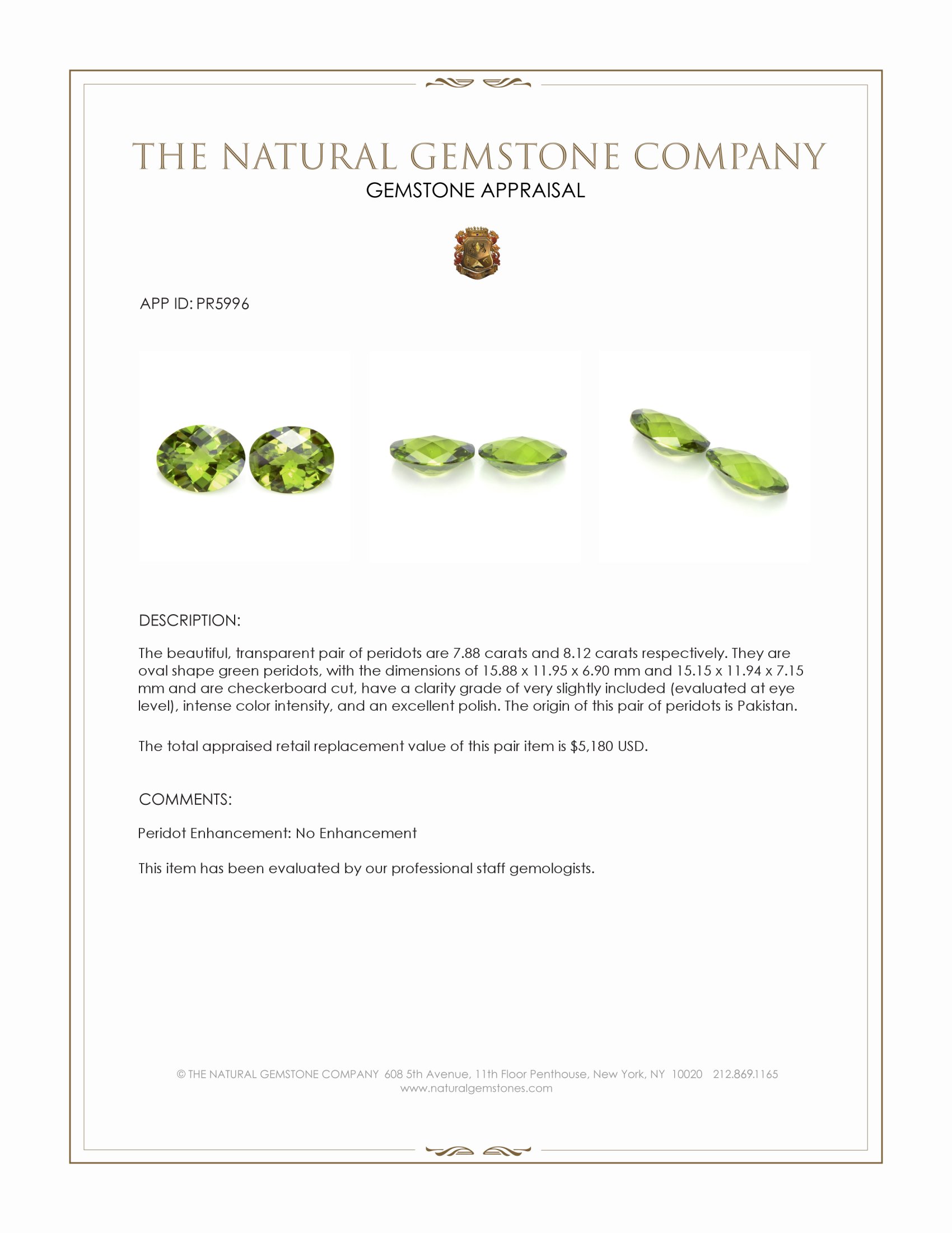 16.00 Ct.Tw. Green Peridot Pair from Pakistan