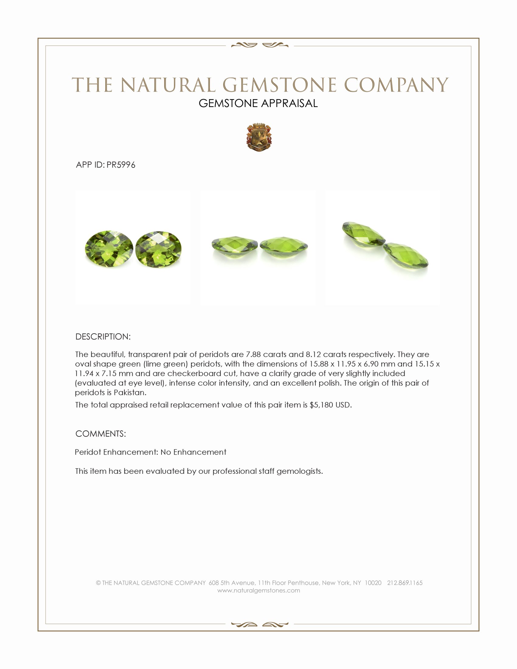 16.00 Ct.Tw. Green (Lime Green) Peridot Pair from Pakistan