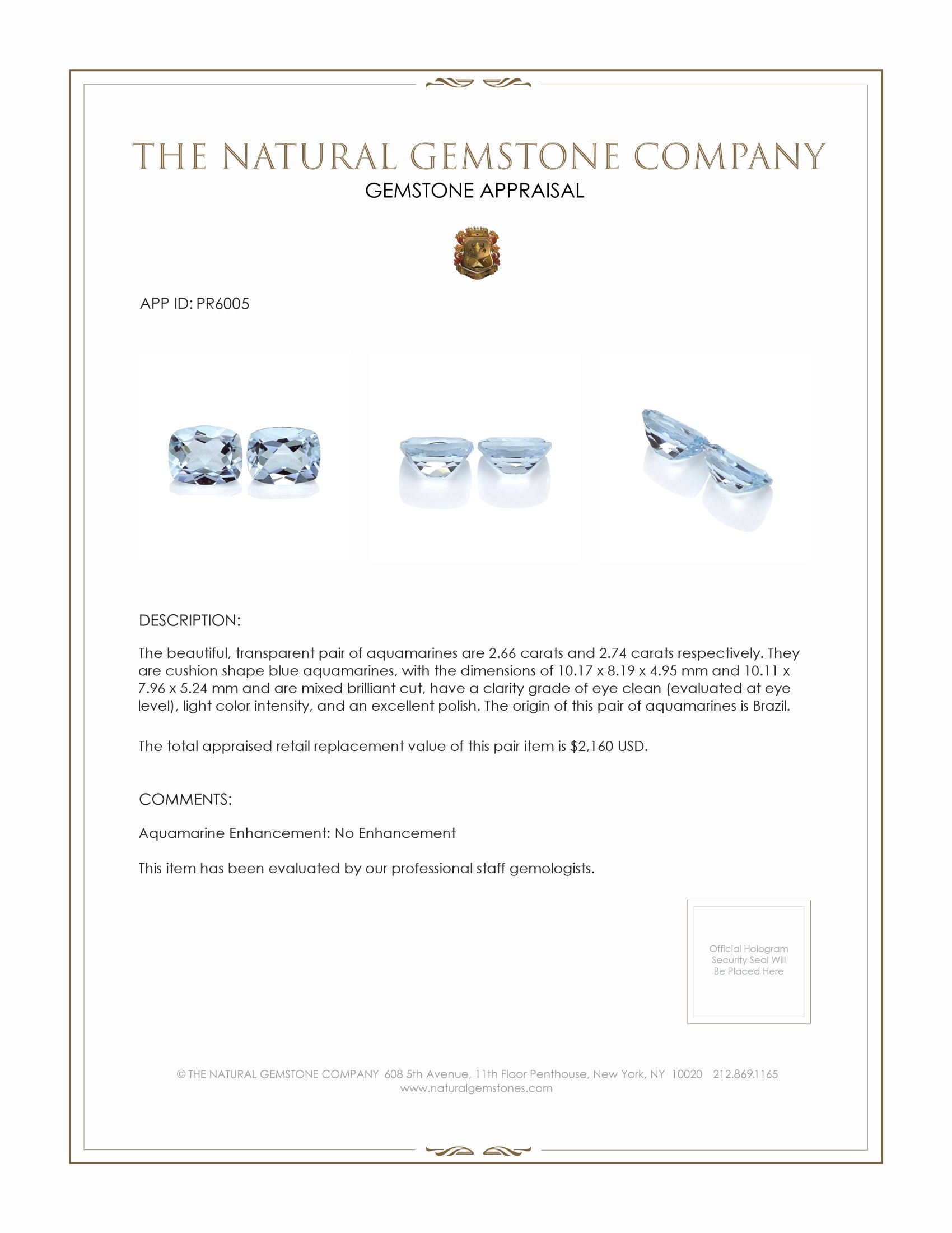 5.40 Ct.Tw. Blue Aquamarine Pair from Brazil