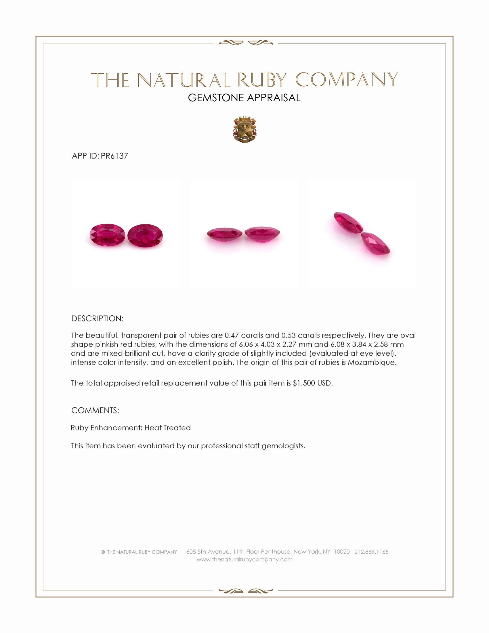 1.00 Ct.Tw. Pinkish Red Ruby Pair from Mozambique