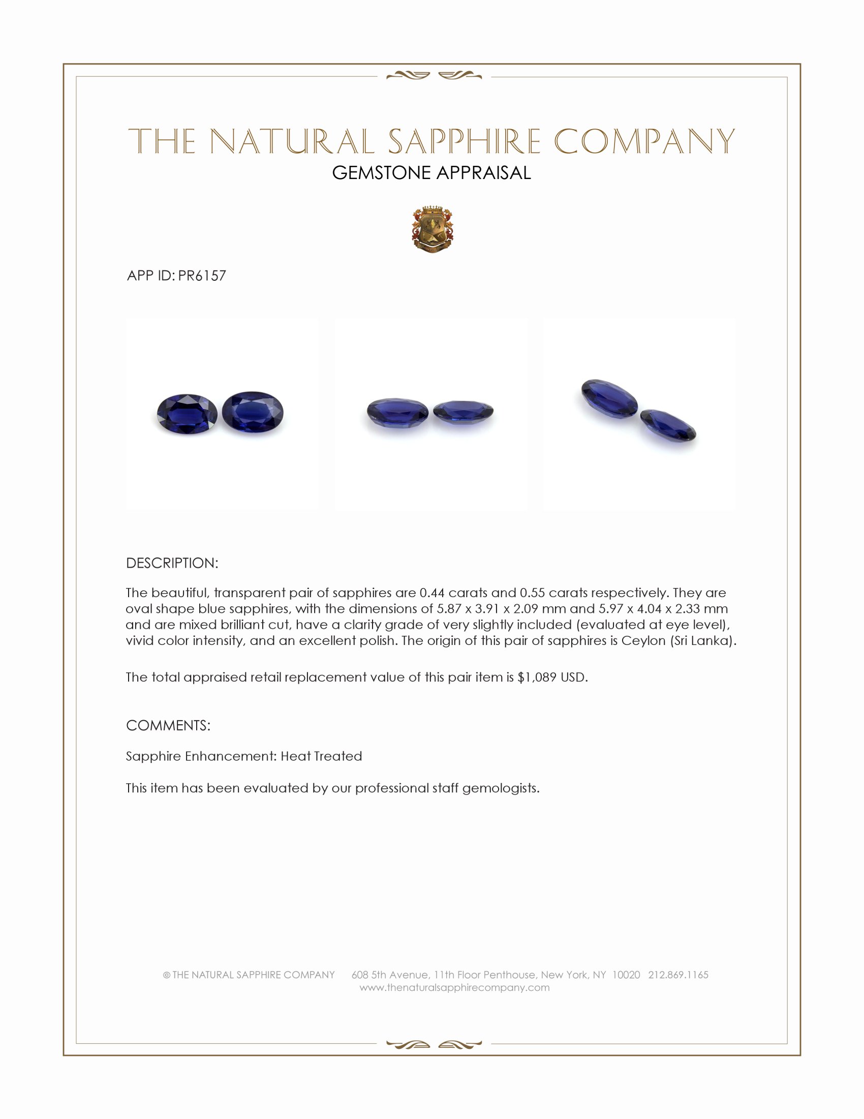 0.99 Ct.Tw. Blue Sapphire Pair from Ceylon (Sri Lanka)