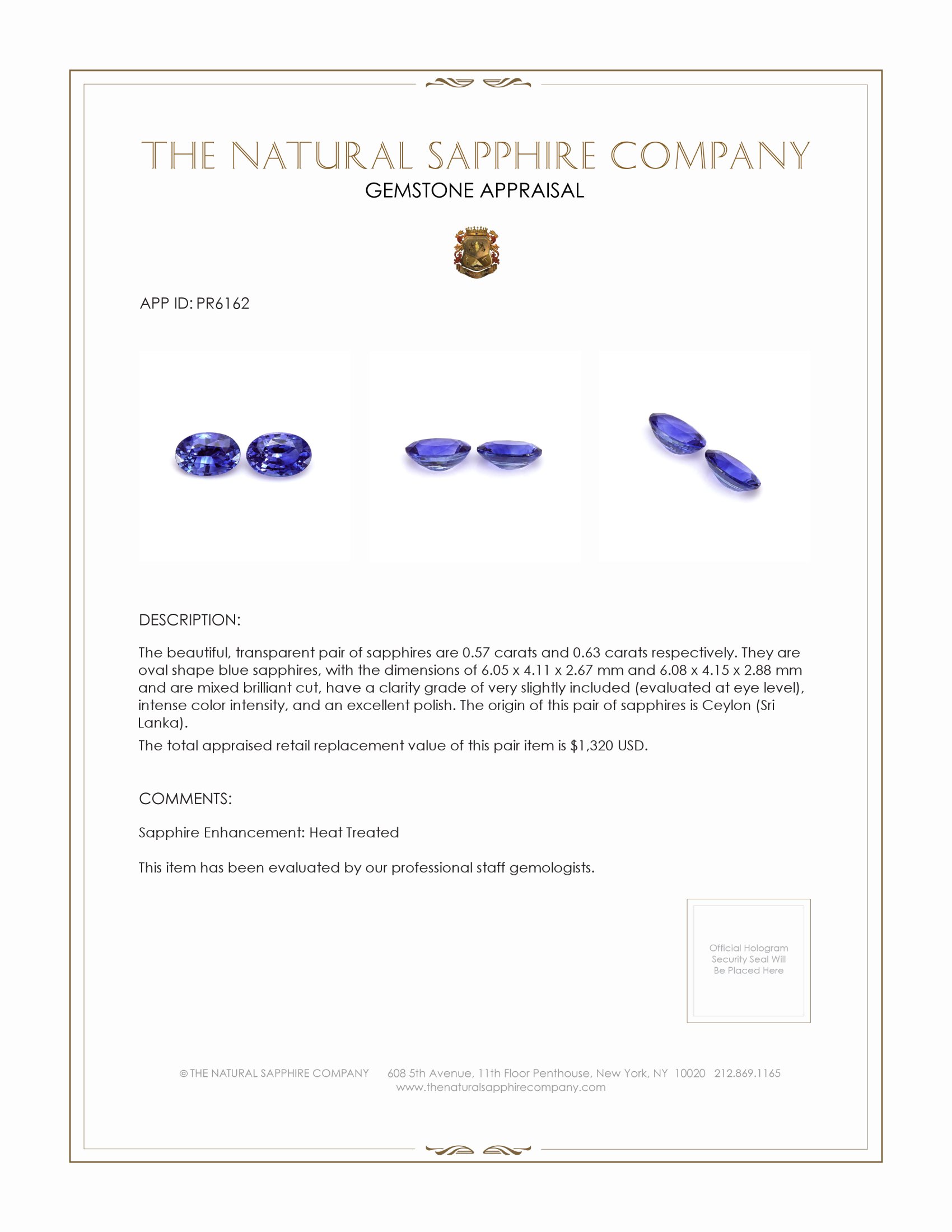 1.20 Ct.Tw. Blue Sapphire Pair from Ceylon (Sri Lanka)