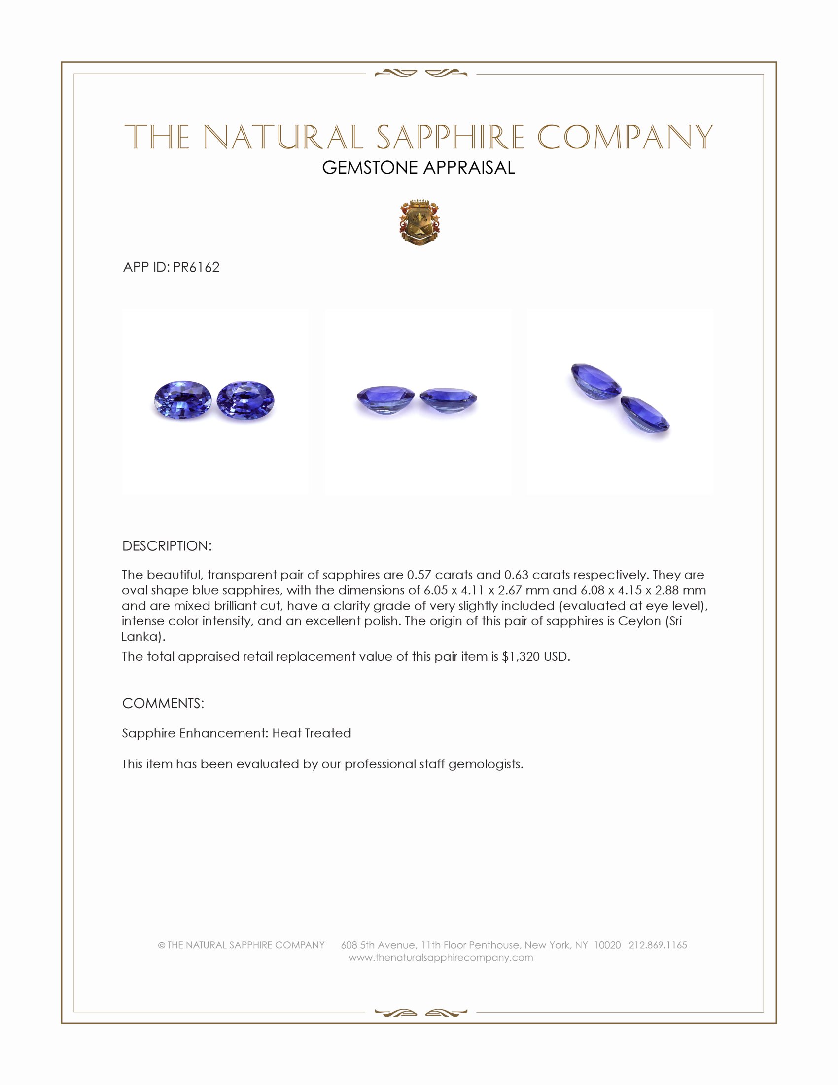 1.20 Ct.Tw. Blue Sapphire Pair from Ceylon (Sri Lanka)
