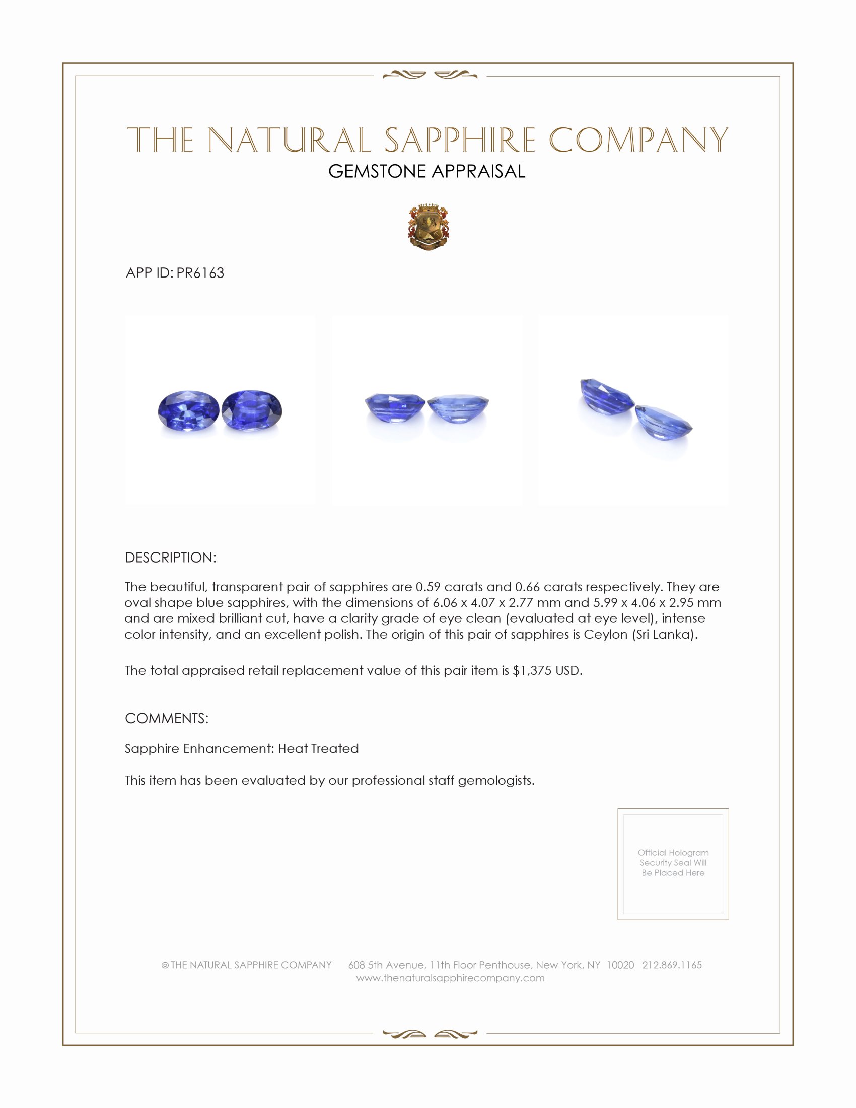 1.25 Ct.Tw. Blue Sapphire Pair from Ceylon (Sri Lanka)