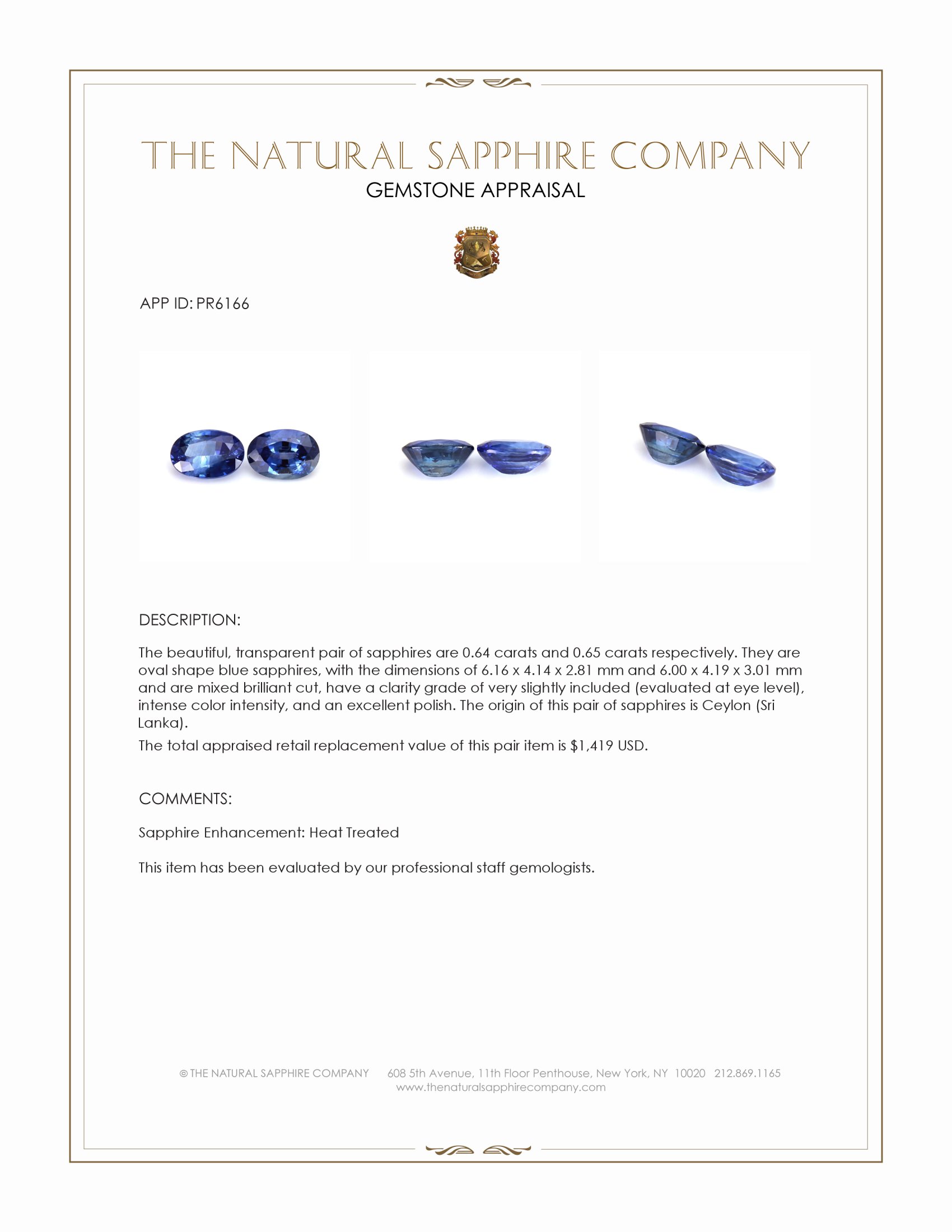 1.29 Ct.Tw. Blue Sapphire Pair from Ceylon (Sri Lanka)