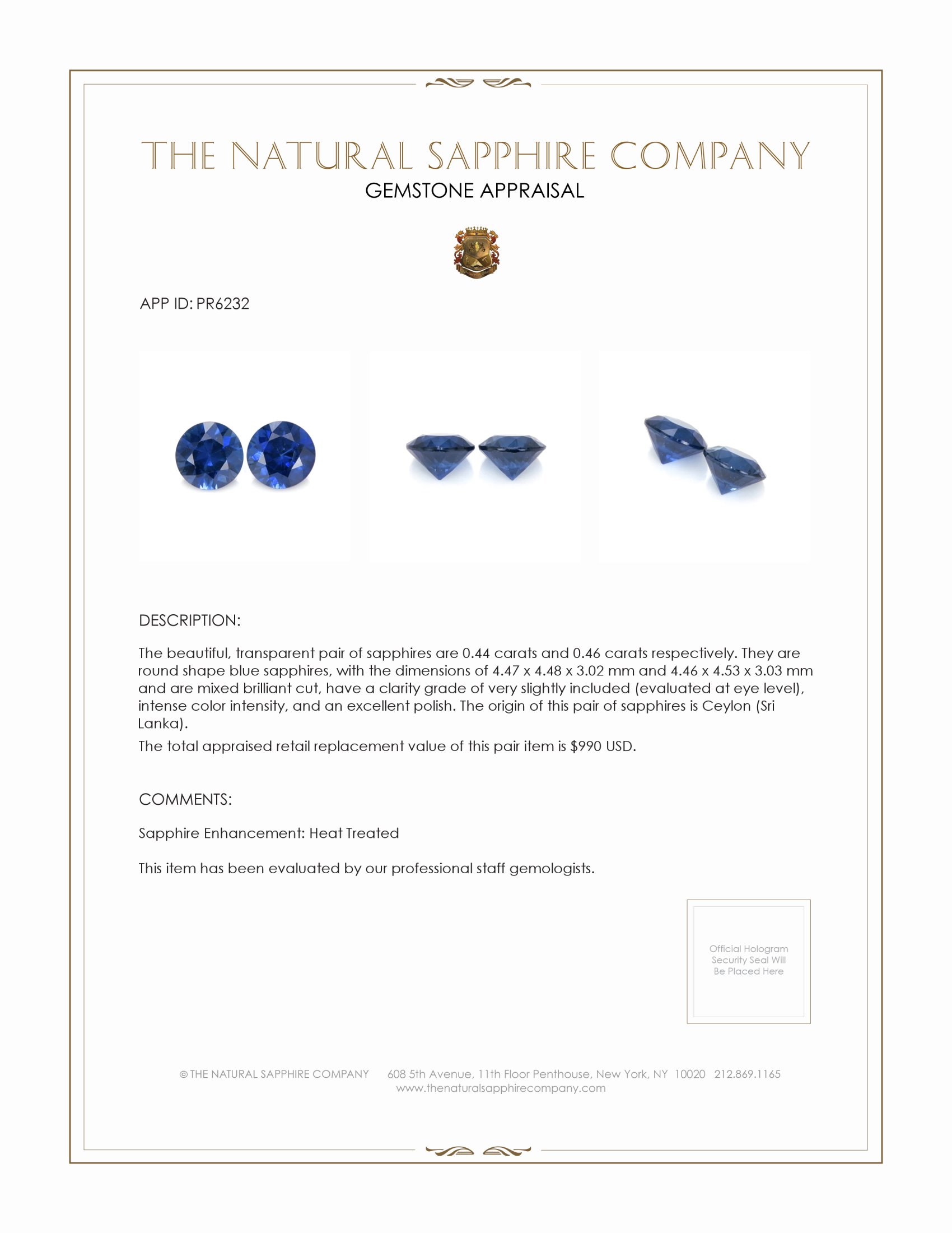 0.90 Ct.Tw. Blue Sapphire Pair from Ceylon (Sri Lanka)