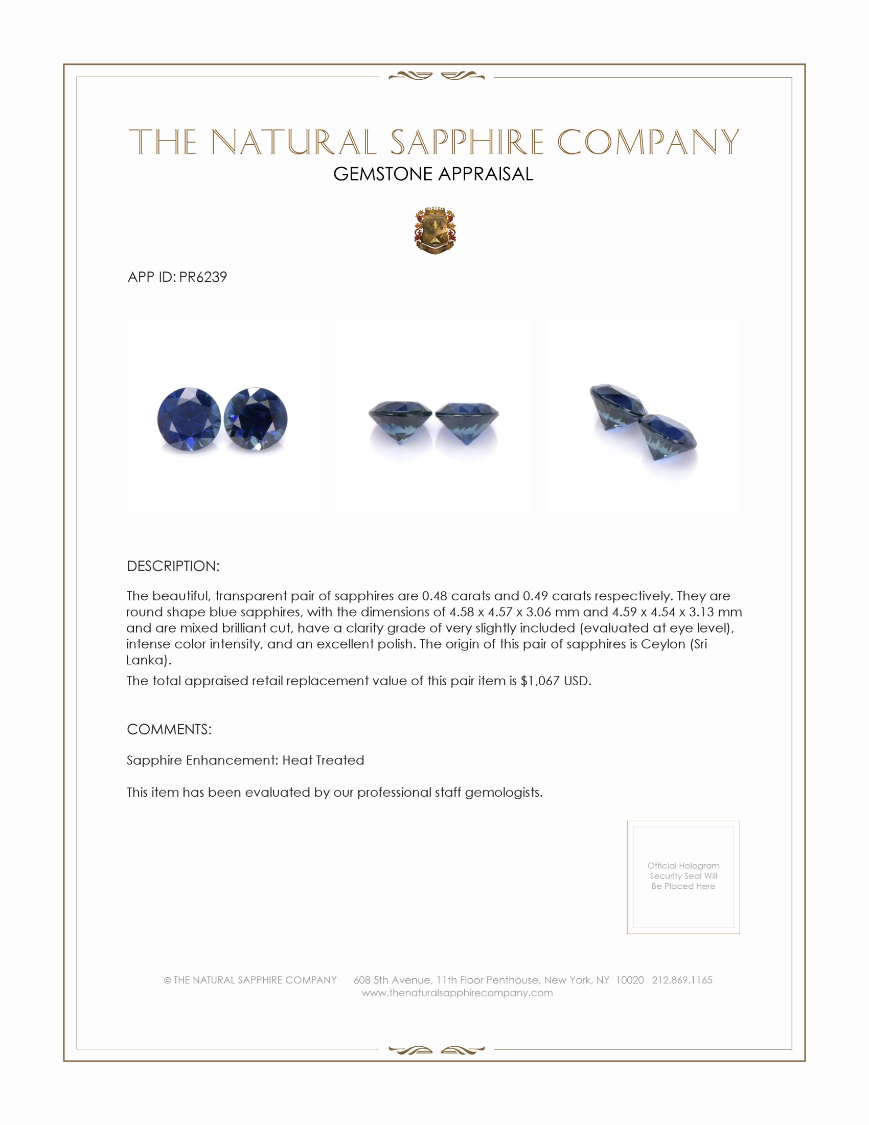 0.97 Ct.Tw. Blue Sapphire Pair from Ceylon (Sri Lanka)