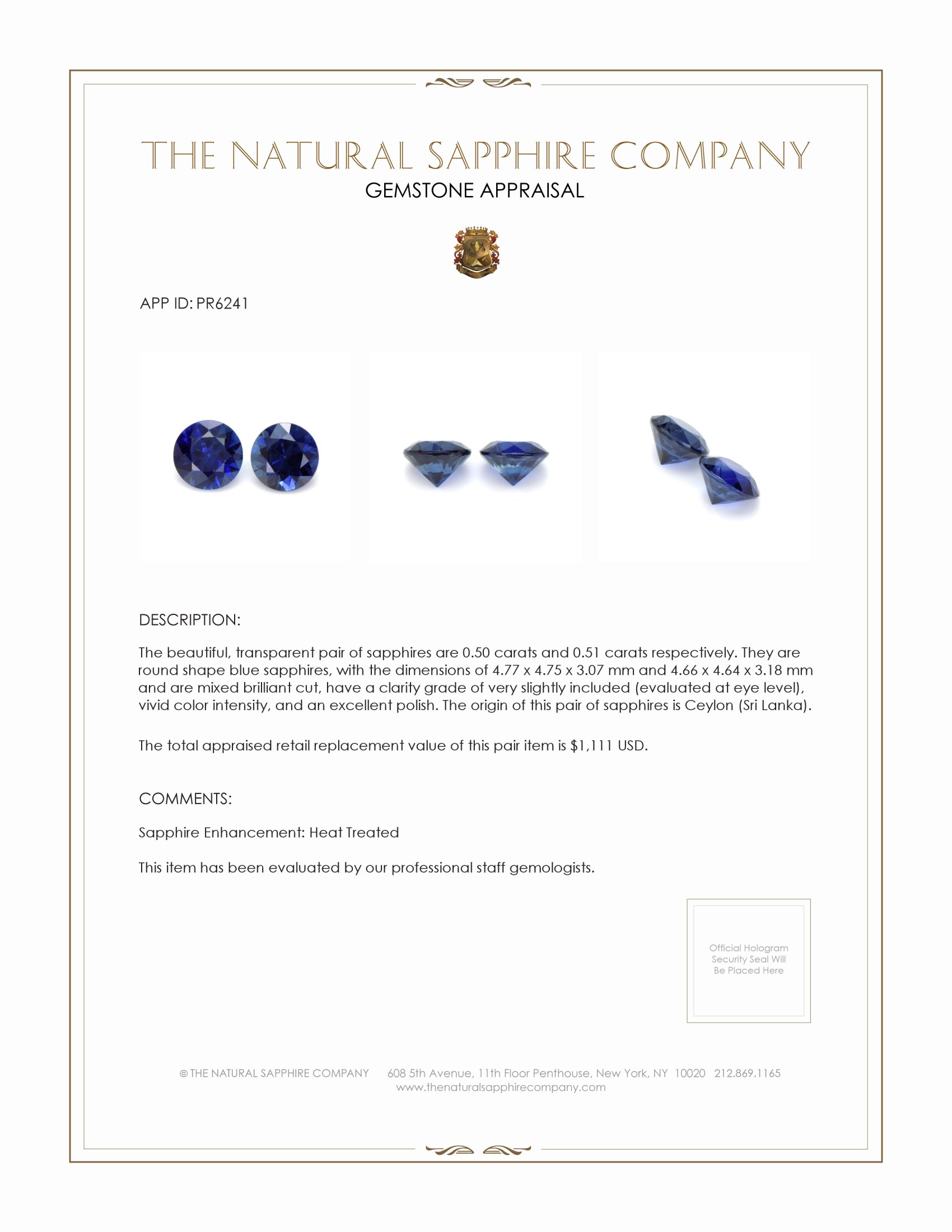 1.01 Ct.Tw. Blue Sapphire Pair from Ceylon (Sri Lanka)