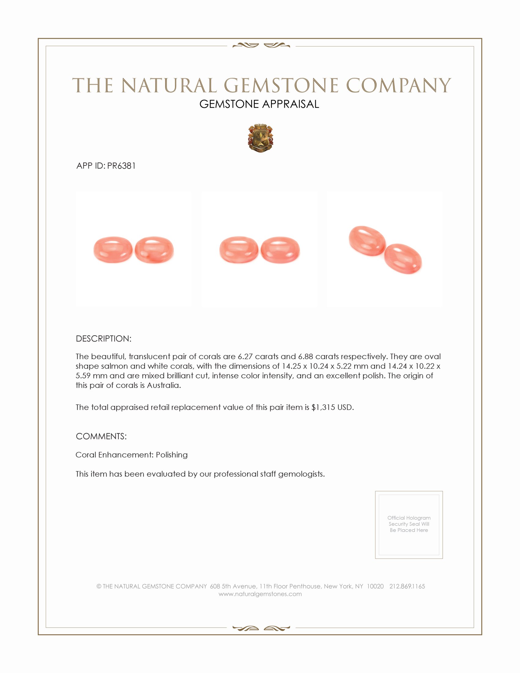 13.15 Ct.Tw. Coral Pair from Australia