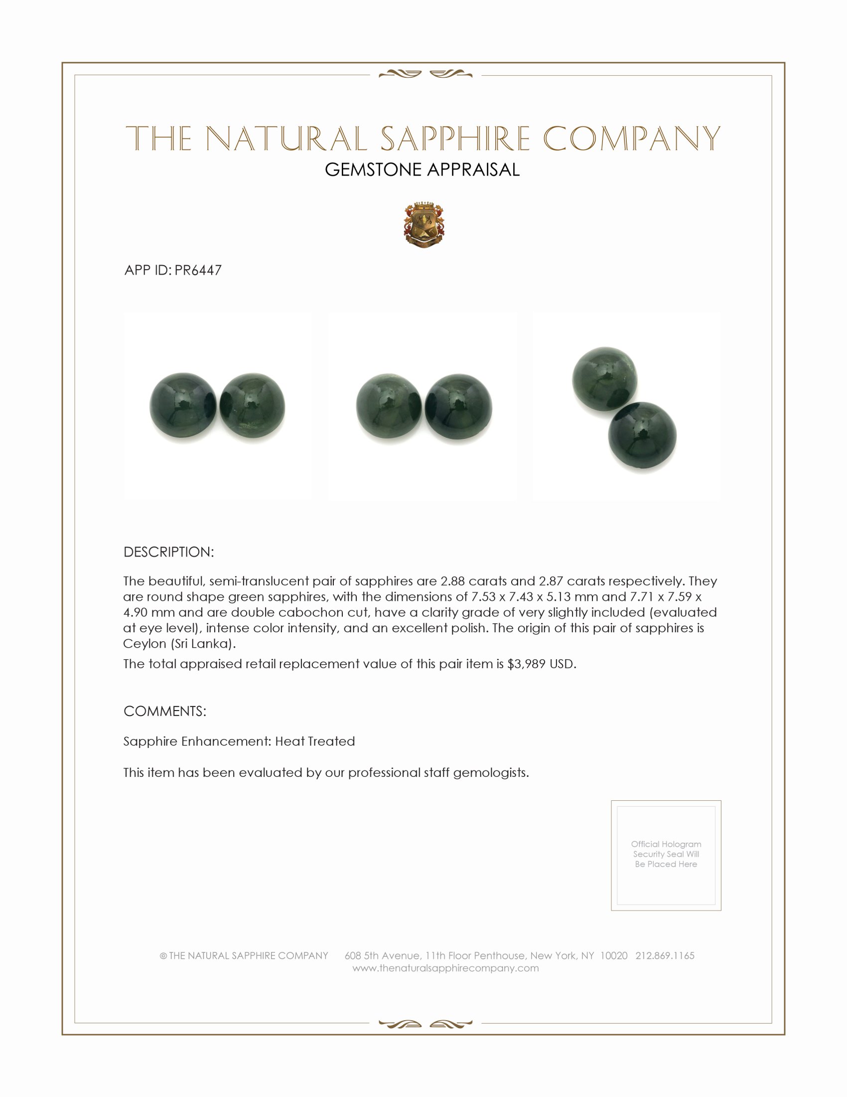 5.75 Ct.Tw. Green Cabochon Sapphire Pair from Ceylon (Sri Lanka)