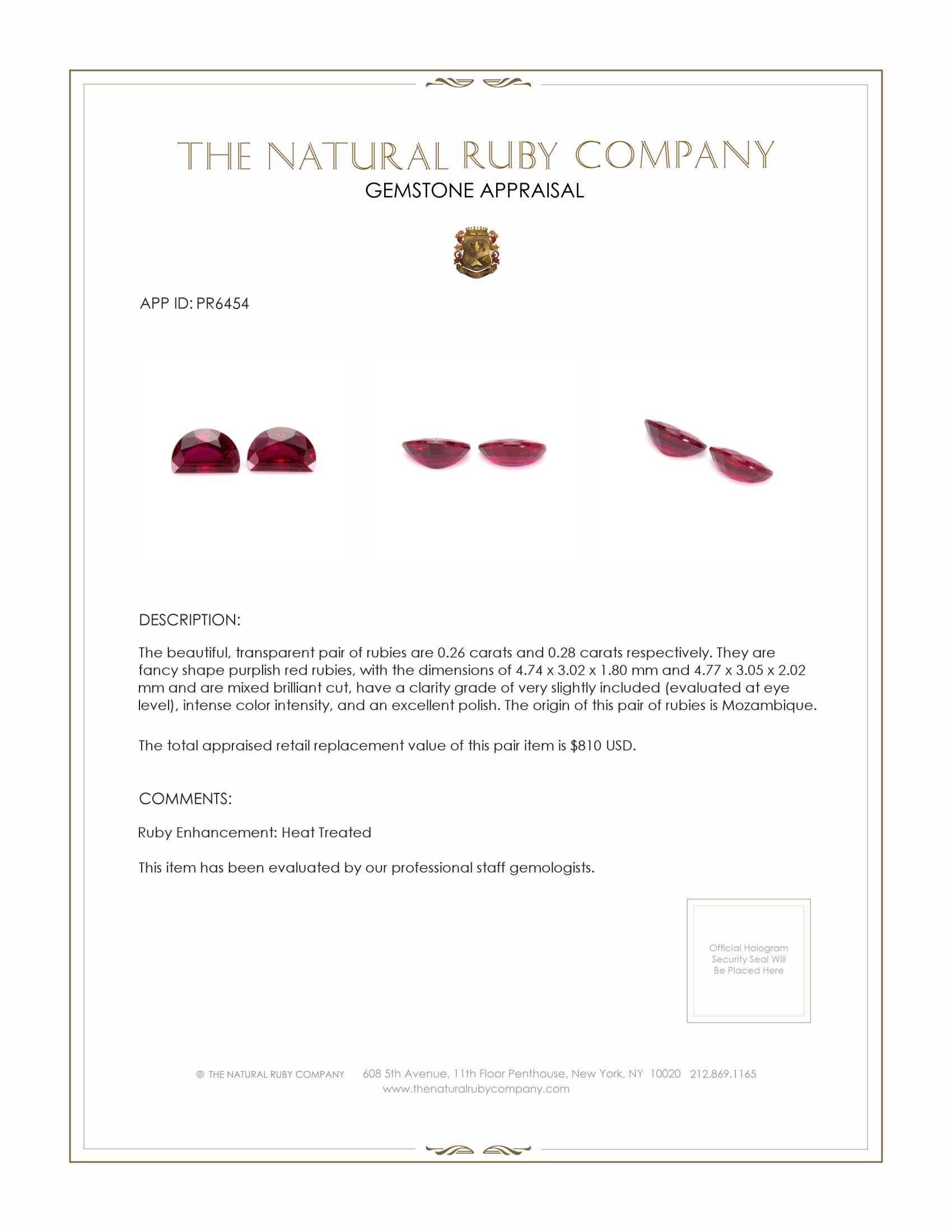0.54 Ct.Tw. Purplish Red Ruby Pair from Mozambique