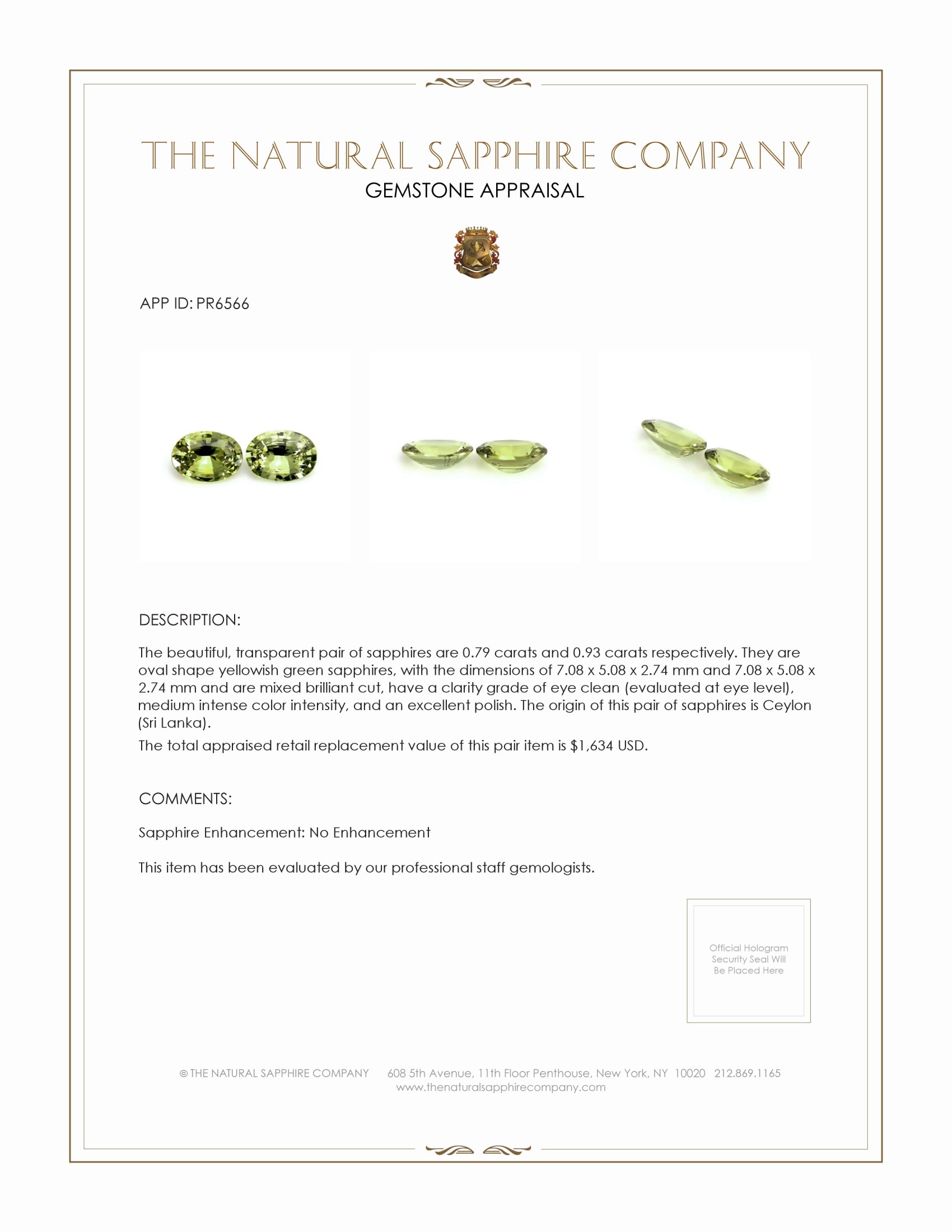 1.72 Ct.Tw. Yellowish Green Sapphire Pair from Ceylon (Sri Lanka)