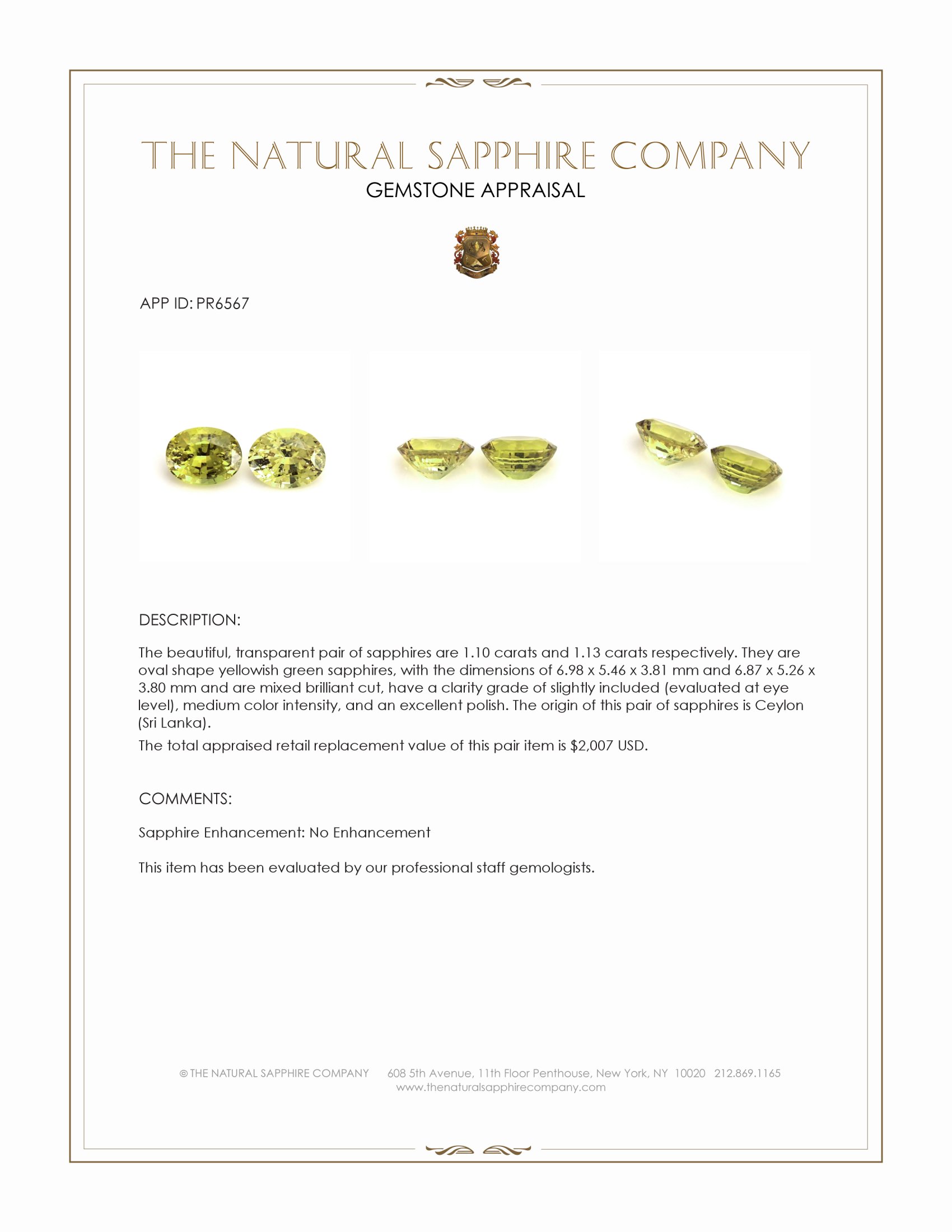 2.23 Ct.Tw. Yellowish Green Sapphire Pair from Ceylon (Sri Lanka)