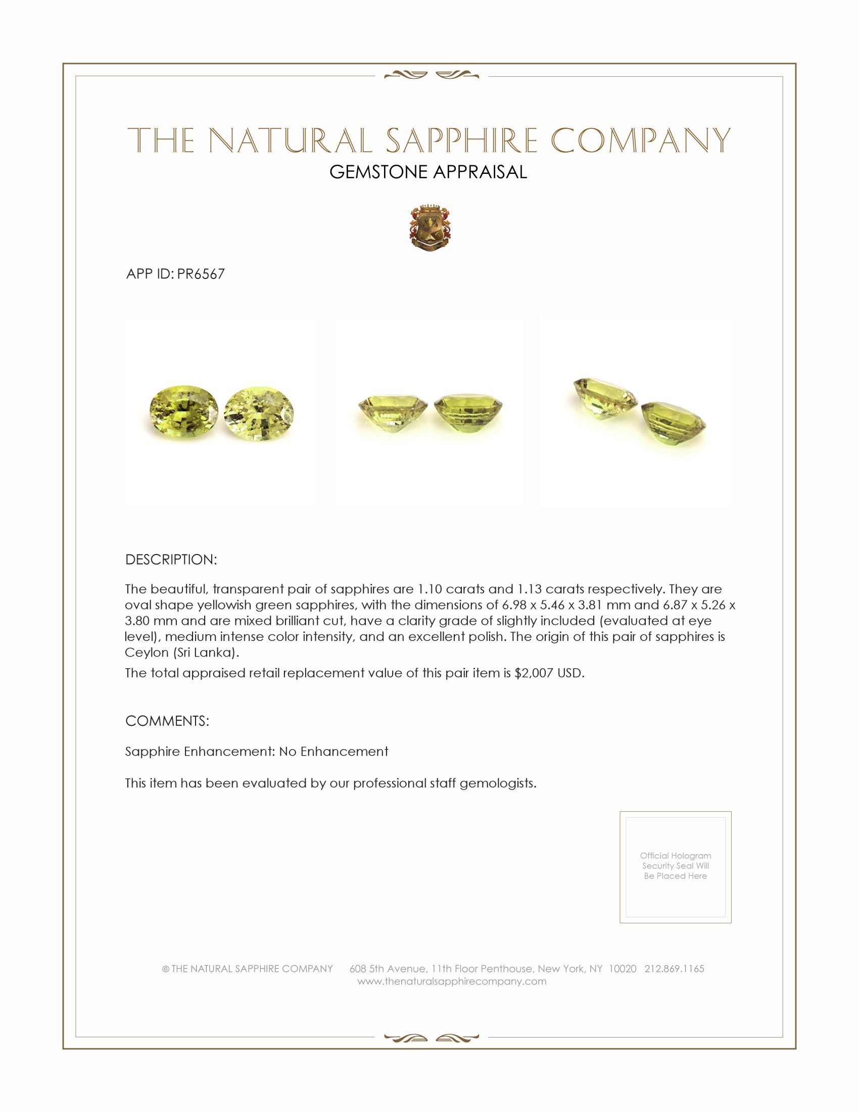 2.23 Ct.Tw. Yellowish Green Sapphire Pair from Ceylon (Sri Lanka)