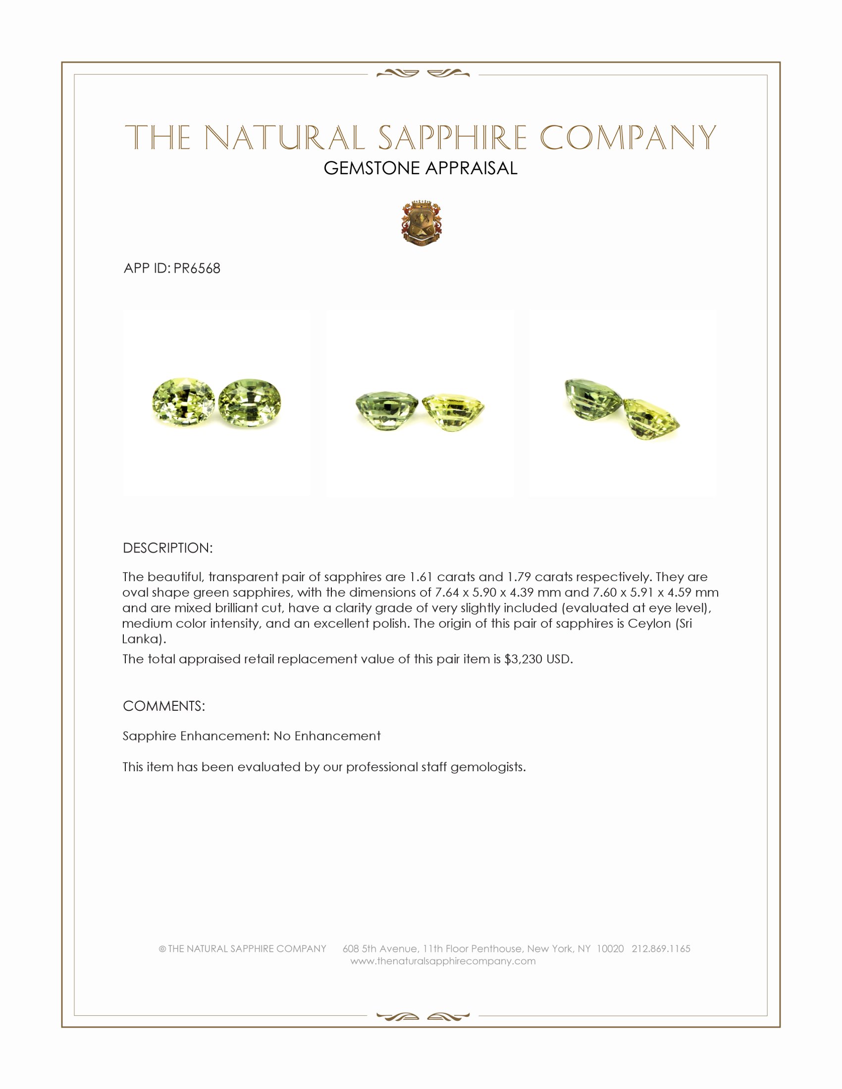 3.40 Ct.Tw. Green Sapphire Pair from Ceylon (Sri Lanka)