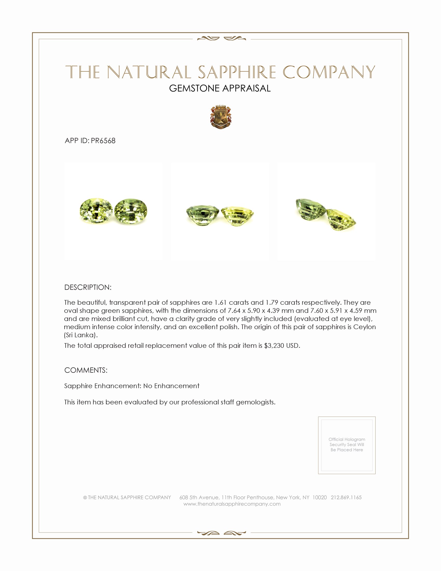 3.40 Ct.Tw. Green Sapphire Pair from Ceylon (Sri Lanka)