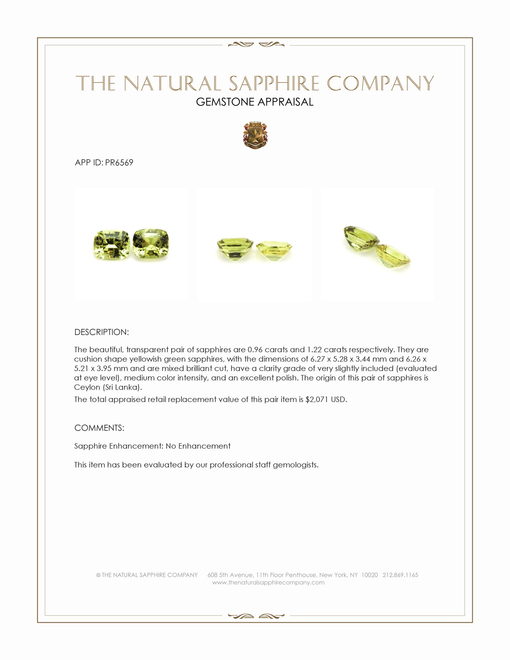 2.18 Ct.Tw. Yellowish Green Sapphire Pair from Ceylon (Sri Lanka)