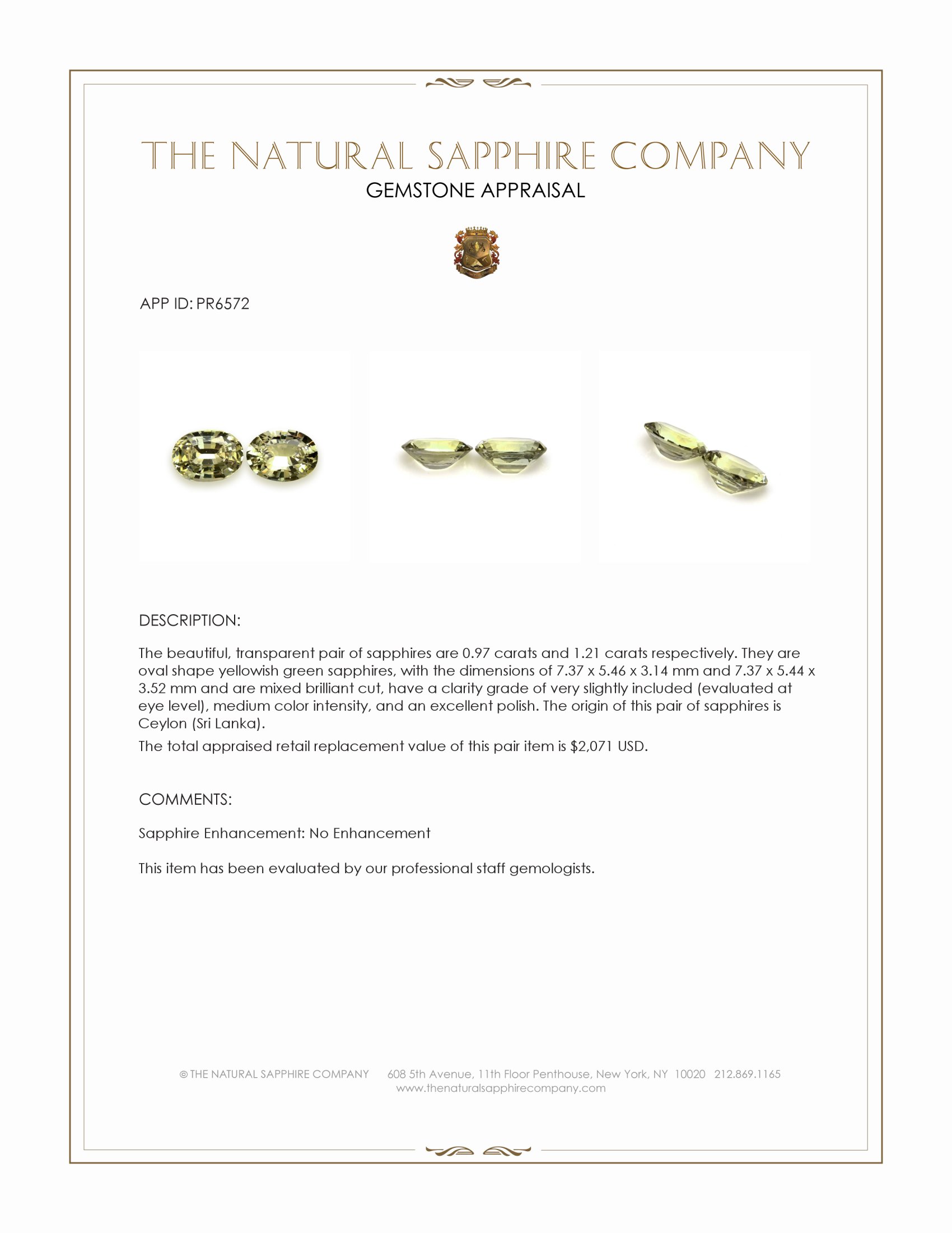 2.18 Ct.Tw. Yellowish Green Sapphire Pair from Ceylon (Sri Lanka)