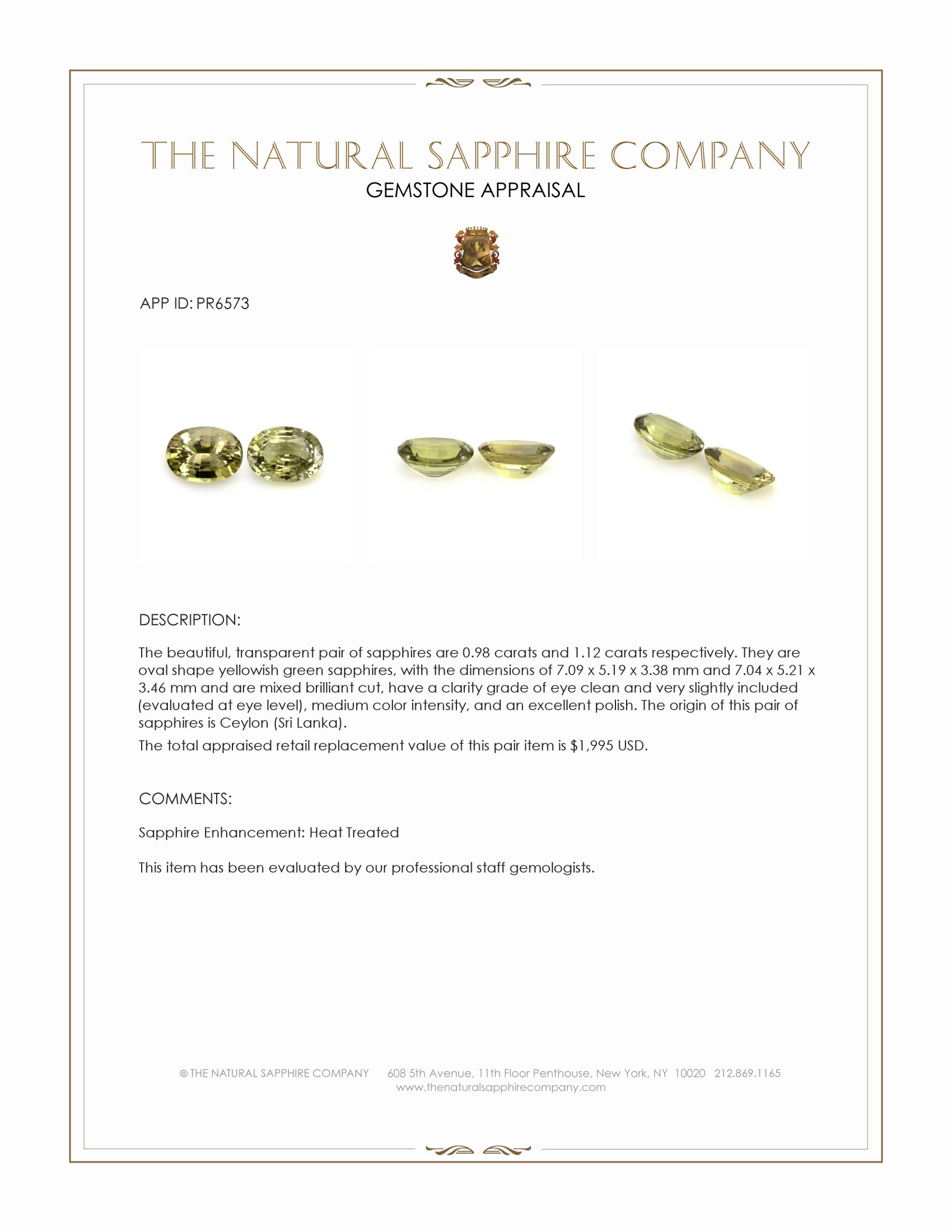 2.10 Ct.Tw. Yellowish Green Sapphire Pair from Ceylon (Sri Lanka)